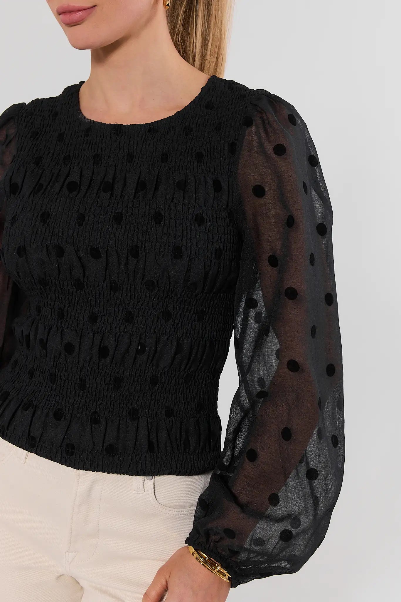 Black Polka Dot Smoked Top