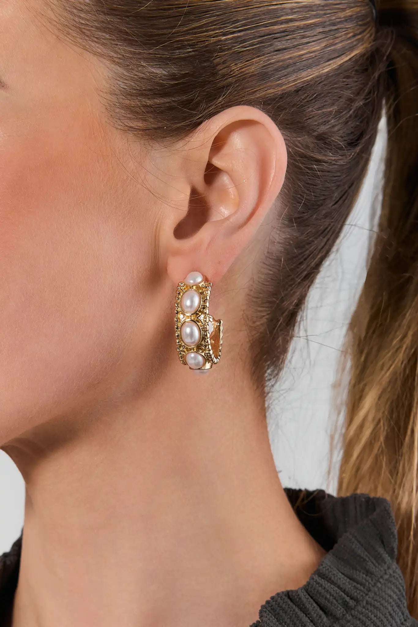 Gold Chunky Pearl Hoop Earrings