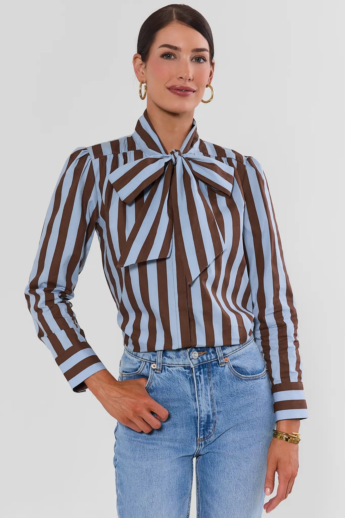 Addie Brown Contrast Stripe Tie Neck Top