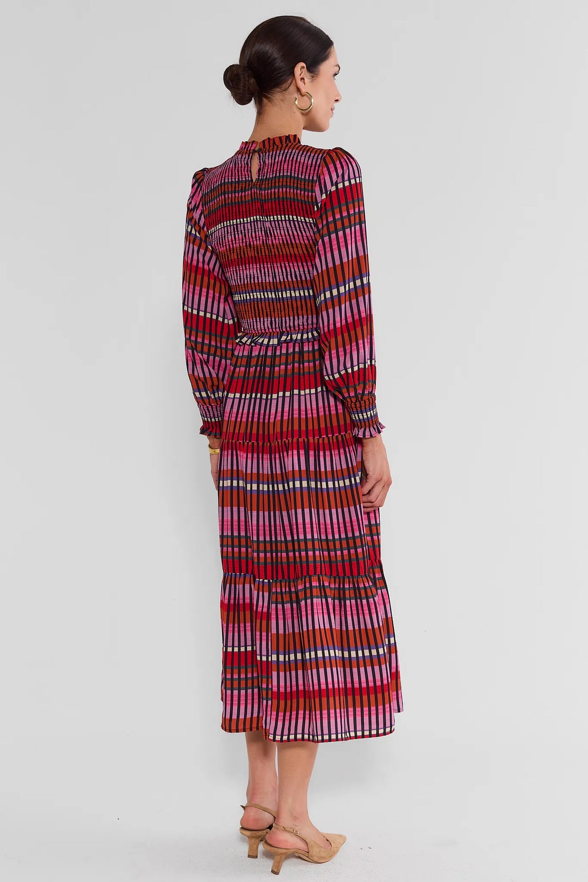 Black Multi Print Modest Midi Dress - Back View Showing Tiered Skirt | Avara