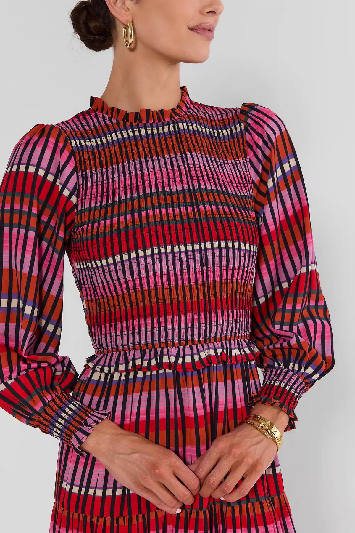 Black Multi Striped Smocked Midi Dress - Front Detail Close-Up | Avara