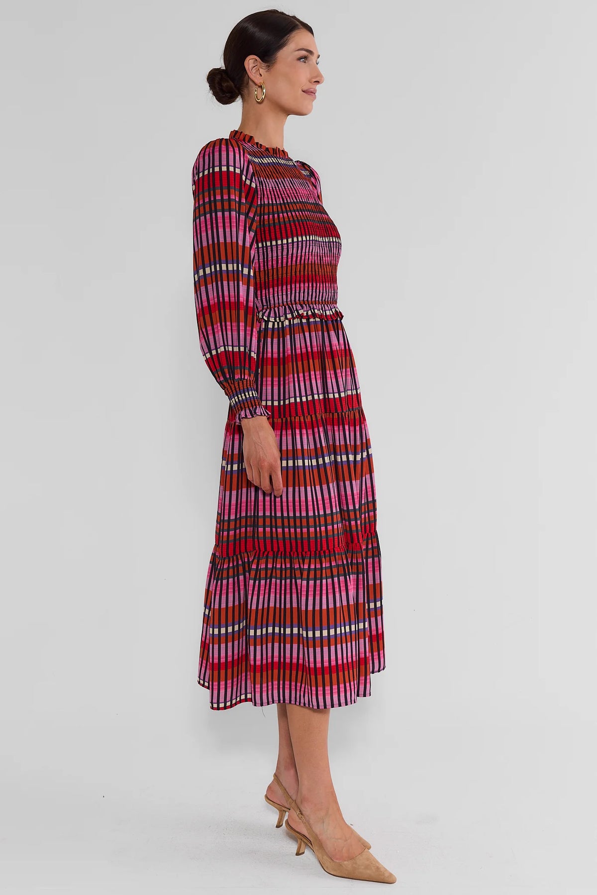 Black Multi Striped Smocked Midi Dress - Side Profile On Model | Avara