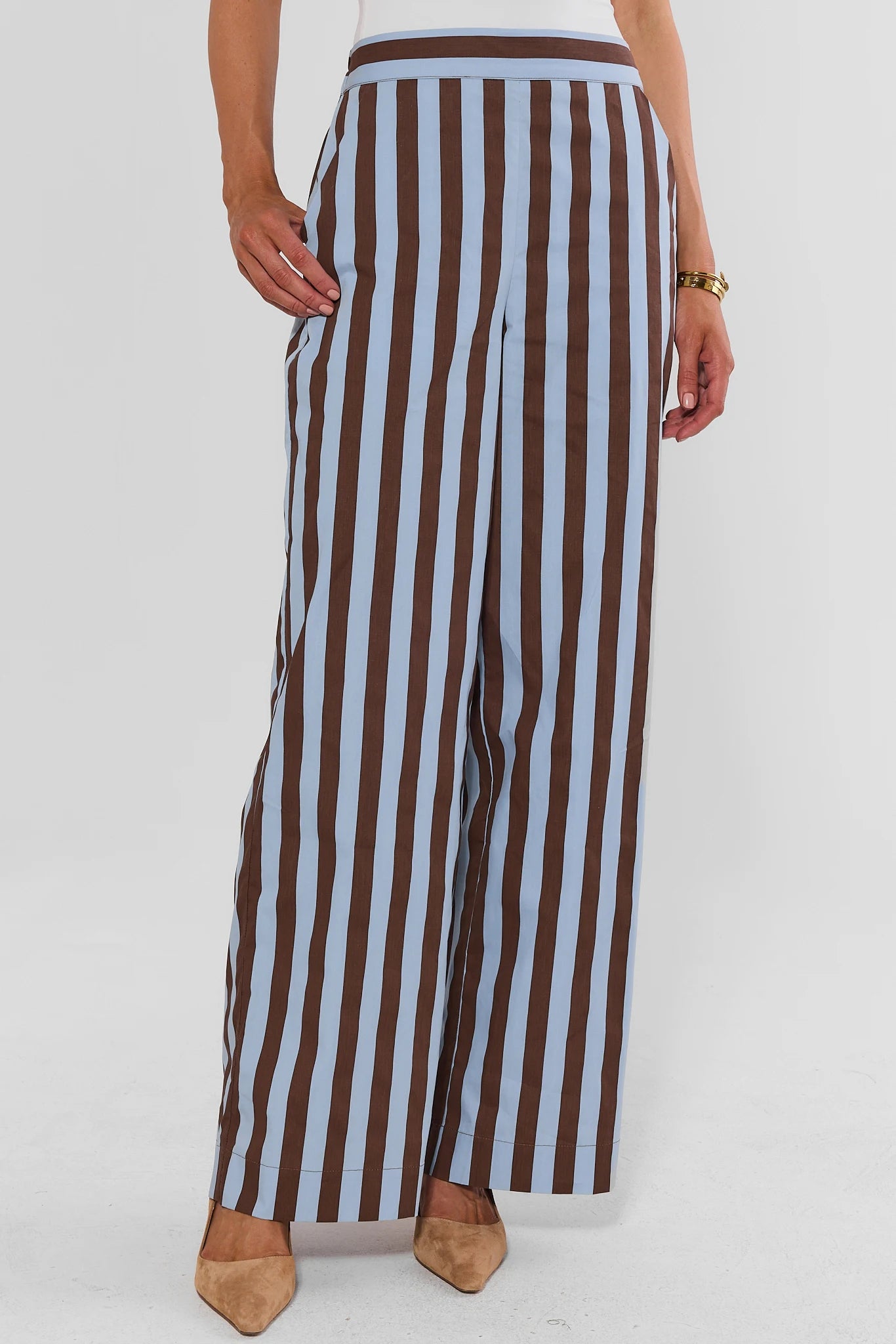 Brown and Blue Contrast Stripe Wide Leg Pants - Front View On Model | Avara