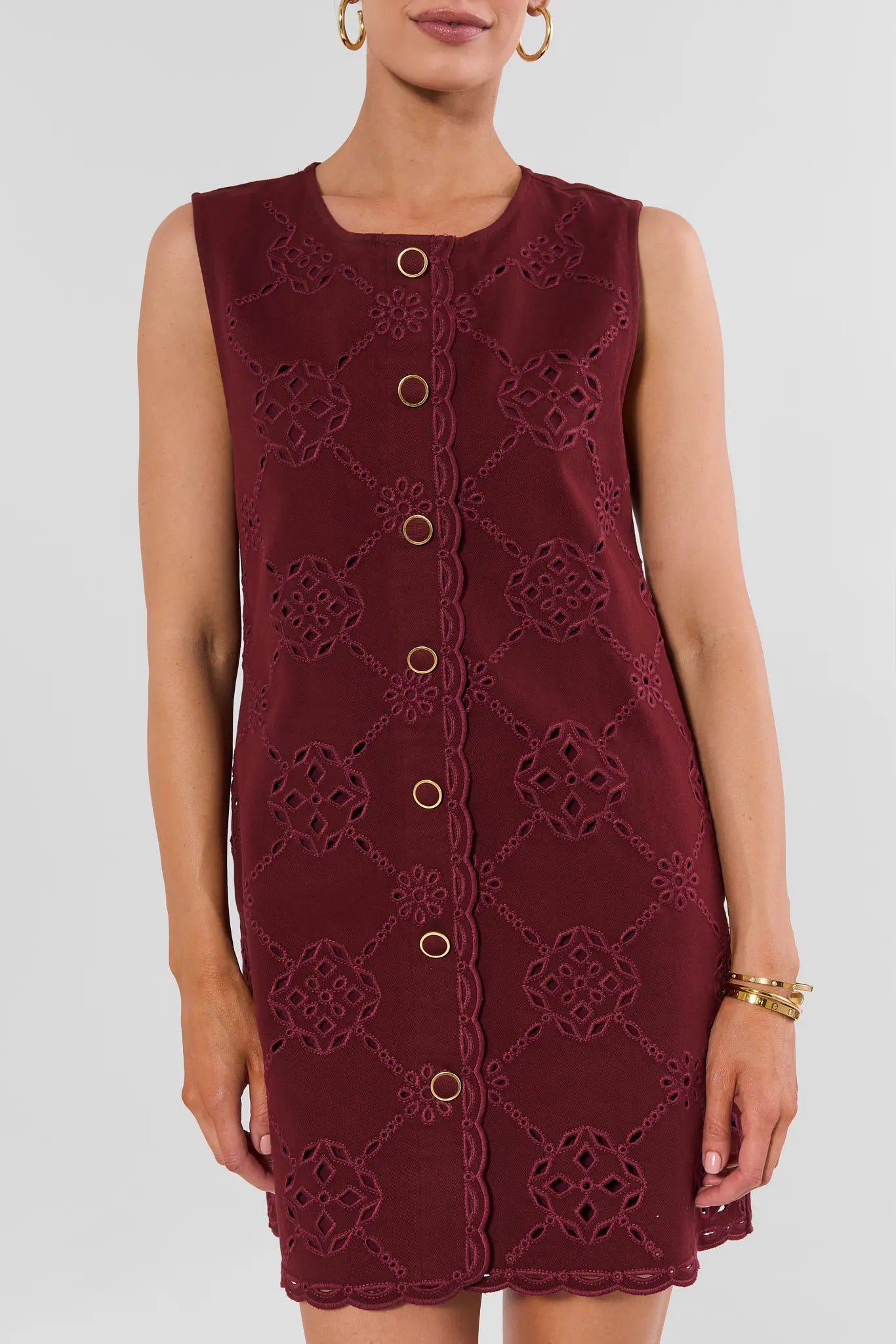 Burgundy Eyelet Button Up Short Dress