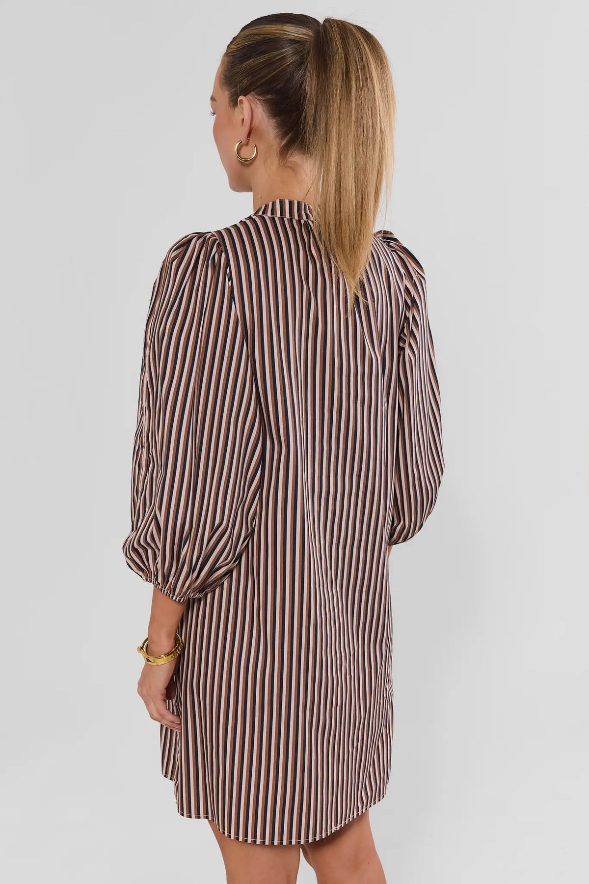 Brown Striped Split Neck Short Dress