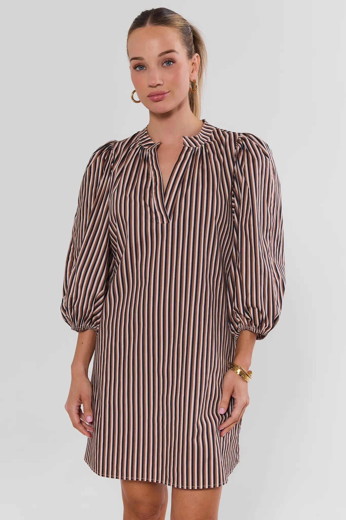 Brown Striped Split Neck Short Dress