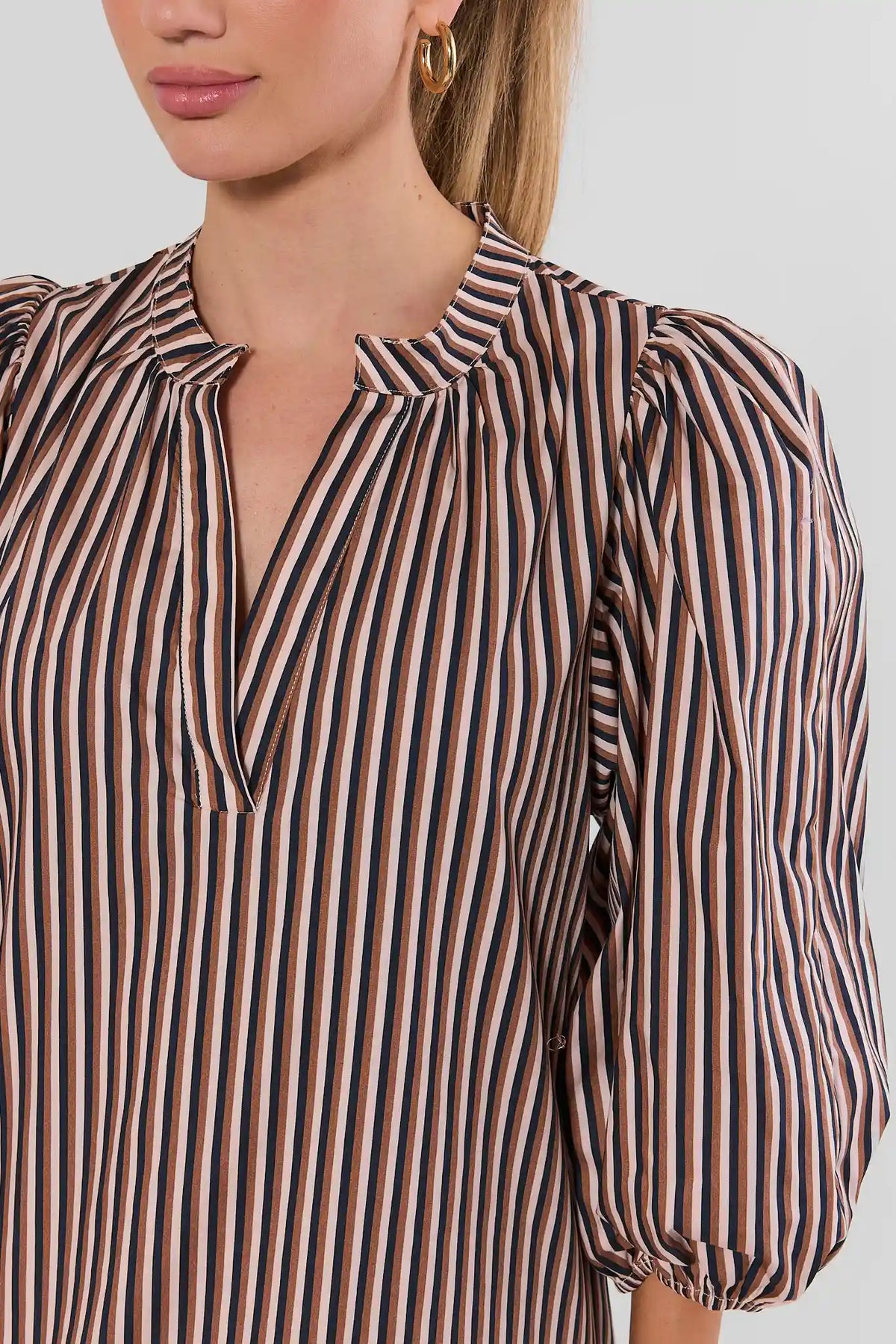Brown Striped Split Neck Short Dress