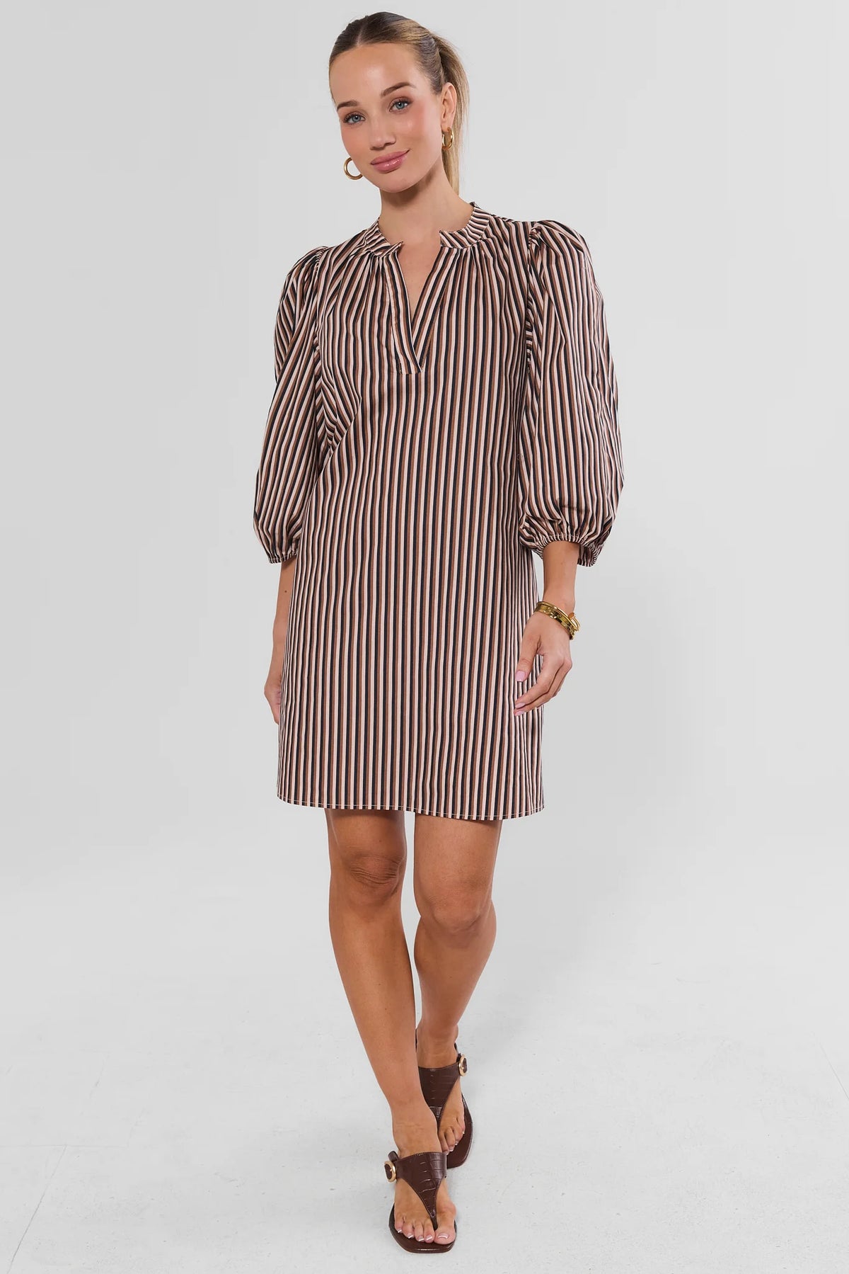 Brown Striped Split Neck Short Dress