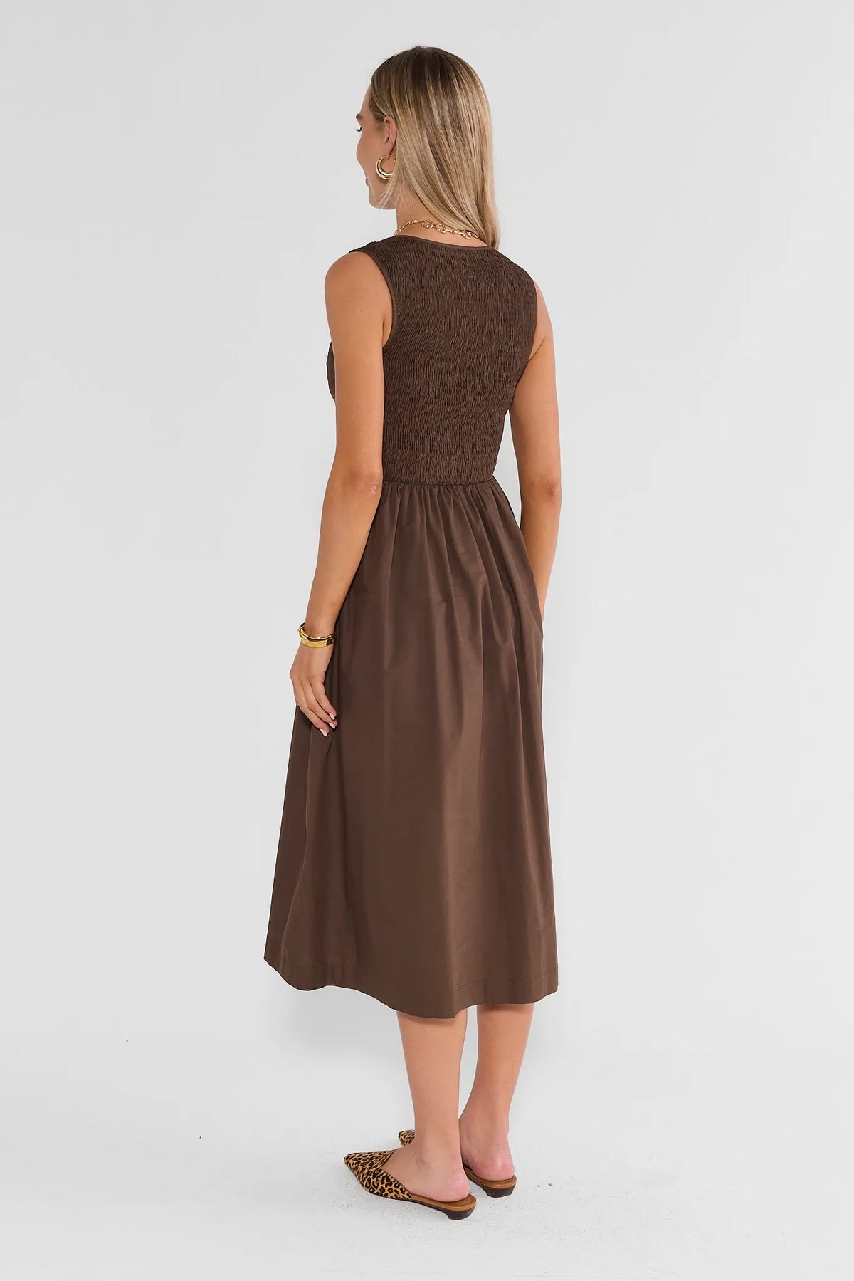 Brown Pleated Midi Dress
