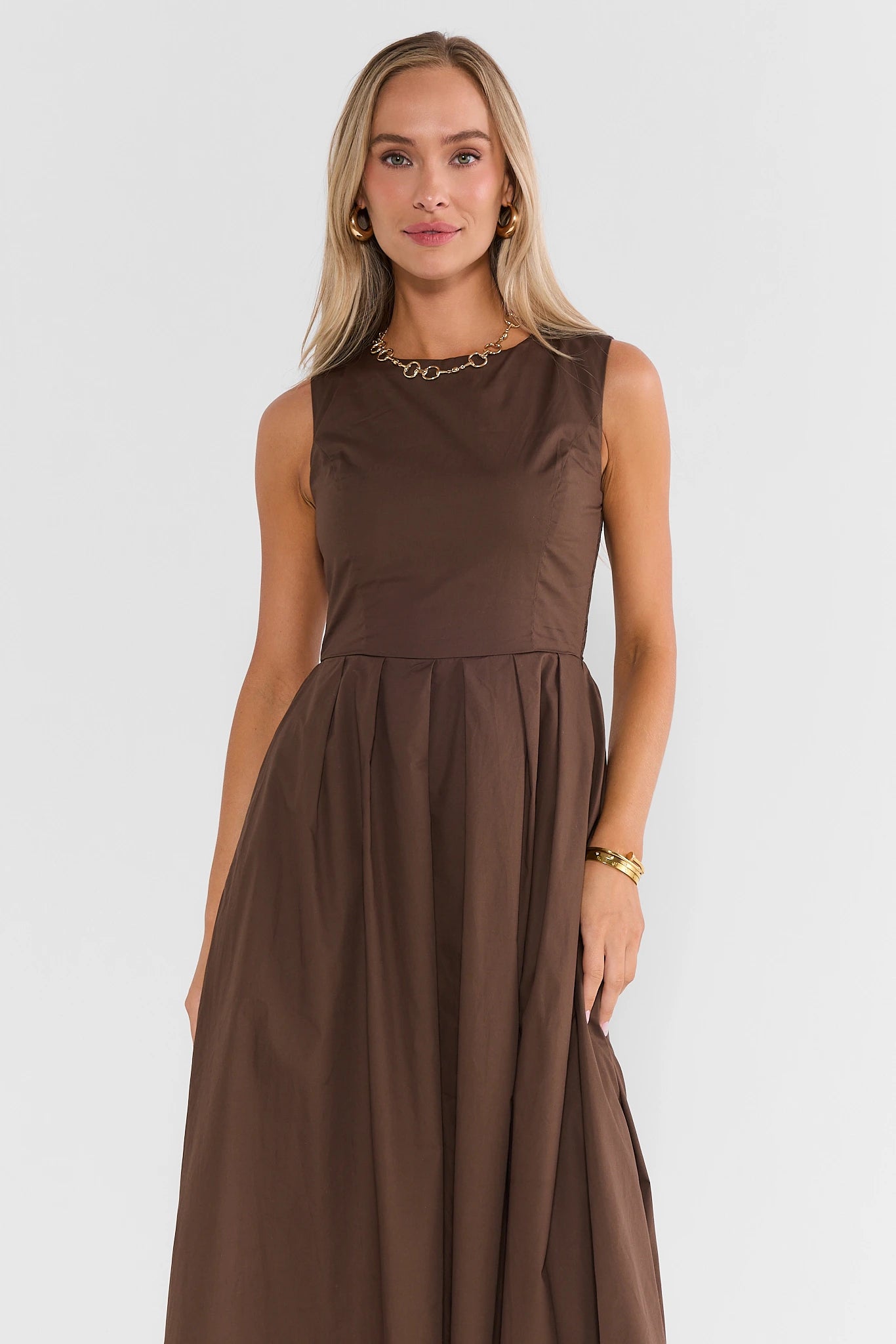 Brown Pleated Midi Dress