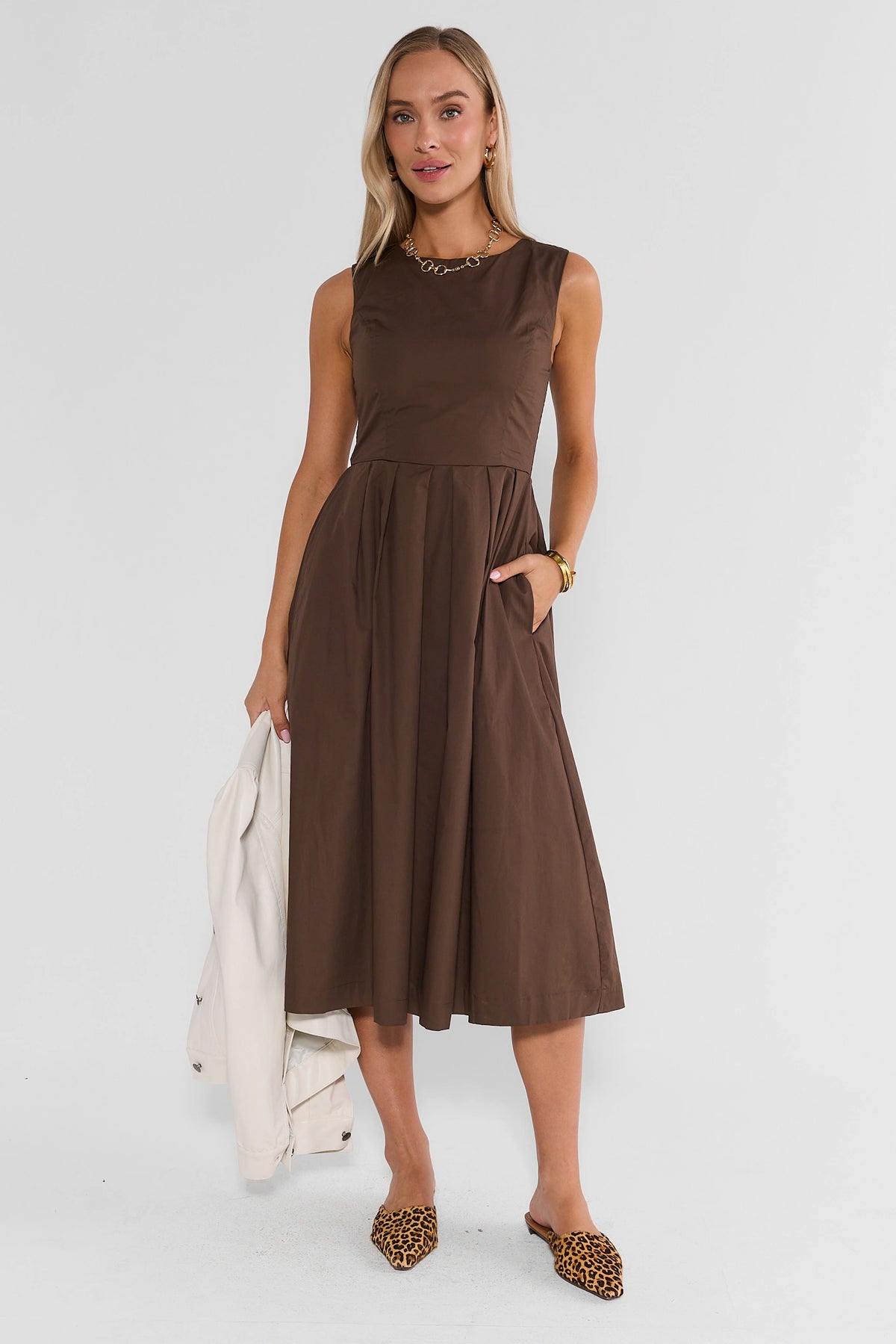 Brown Pleated Midi Dress