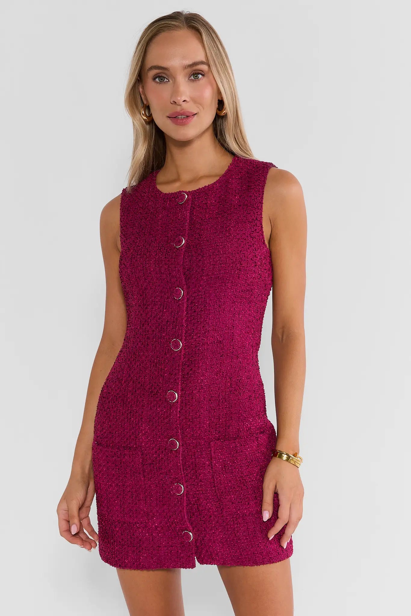 Burgundy Tweed Button Up Short Dress