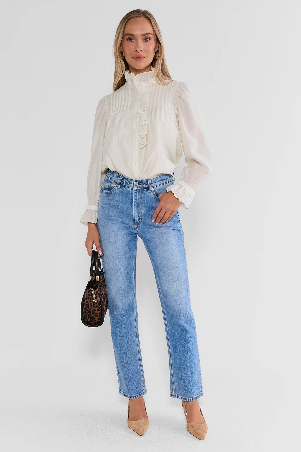 White Feminine Button Up Top - Full Styled Look with Denim & Heels | Avara