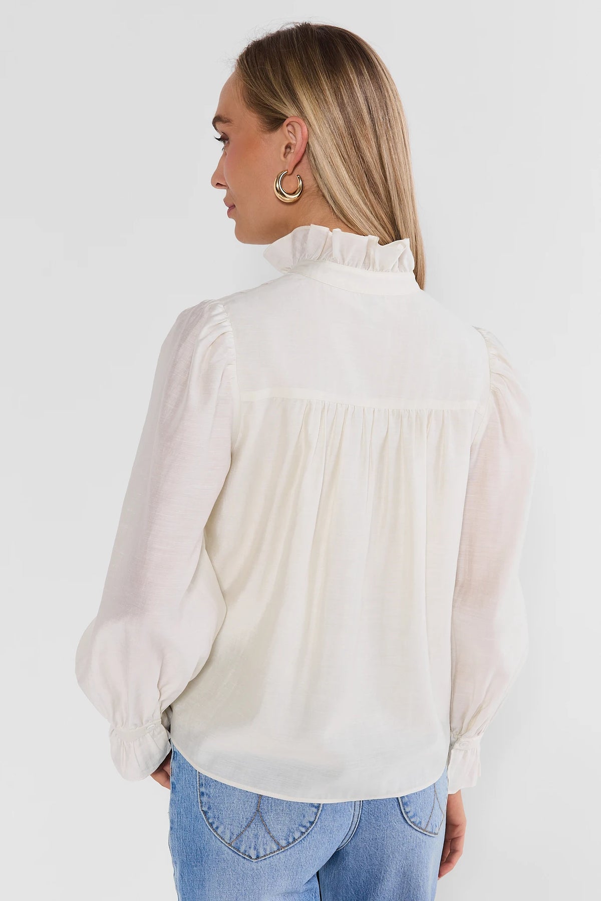 White Pleated Ruffle Collar Top - Back View Showing Gathered Detail | Avara