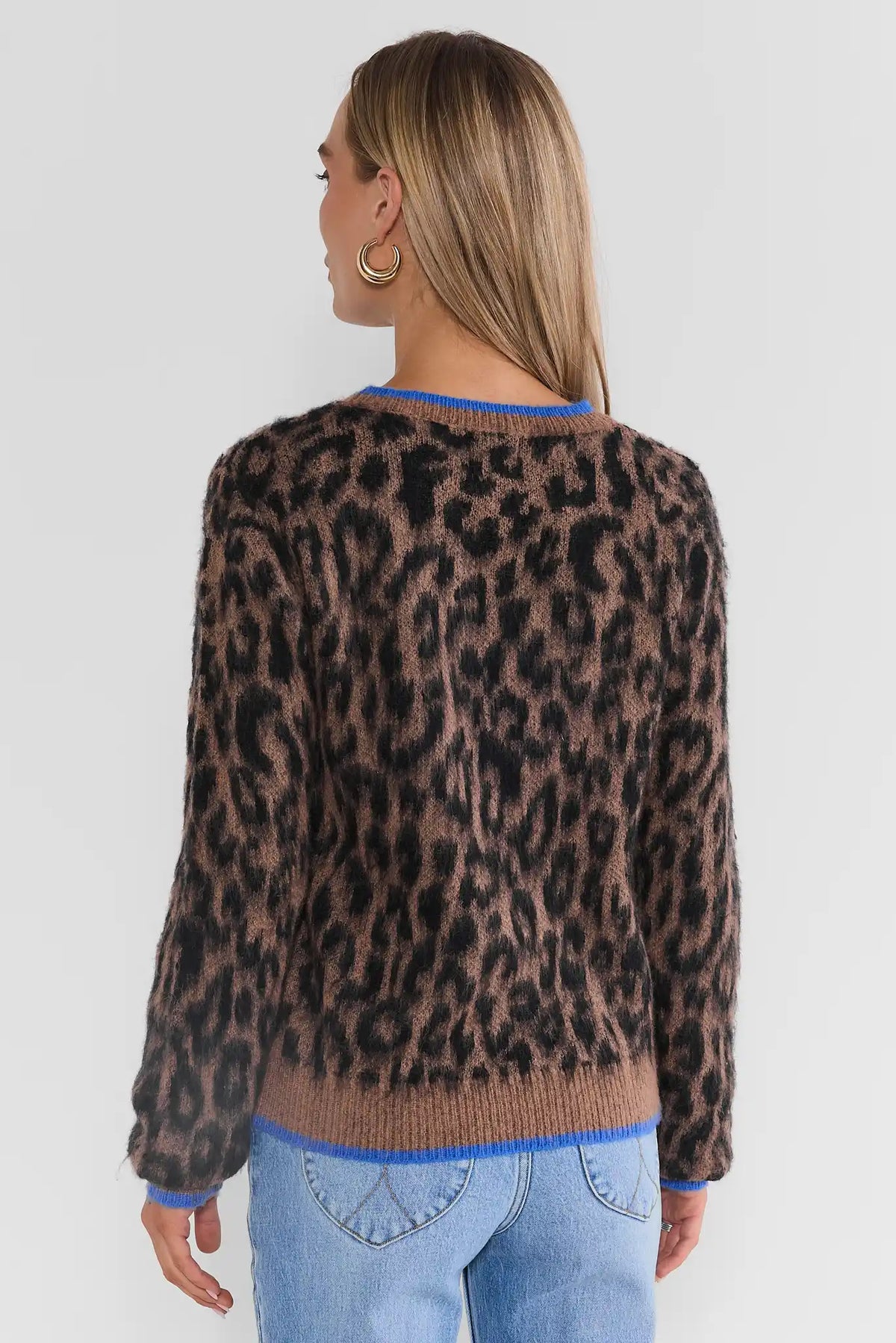Leopard Print Blue Trim Sweater