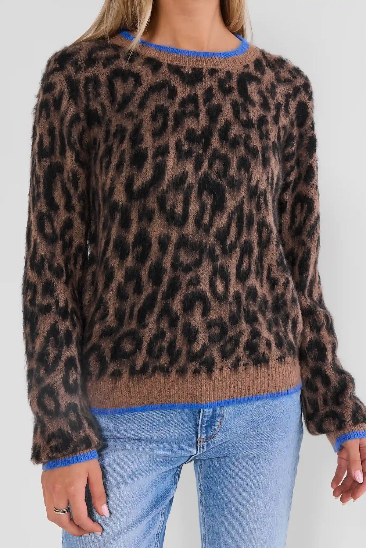 Leopard Print Blue Trim Sweater