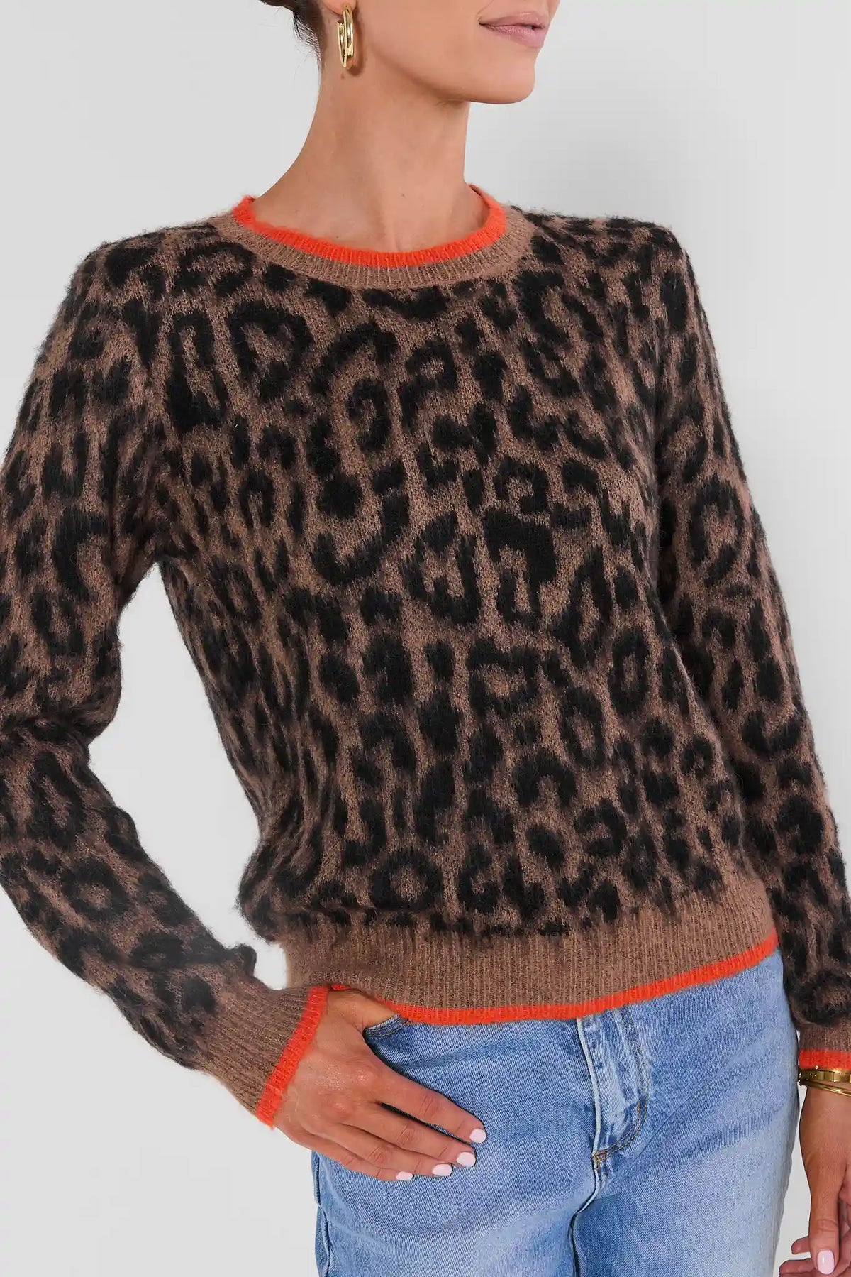 Leopard Print Orange Trim Sweater
