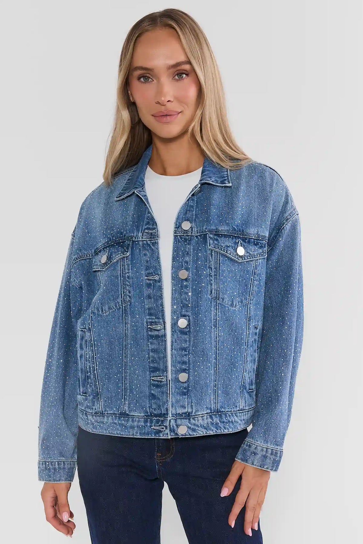 Medium Wash Rhinestone Denim Jacket - Front View On Model | Avara