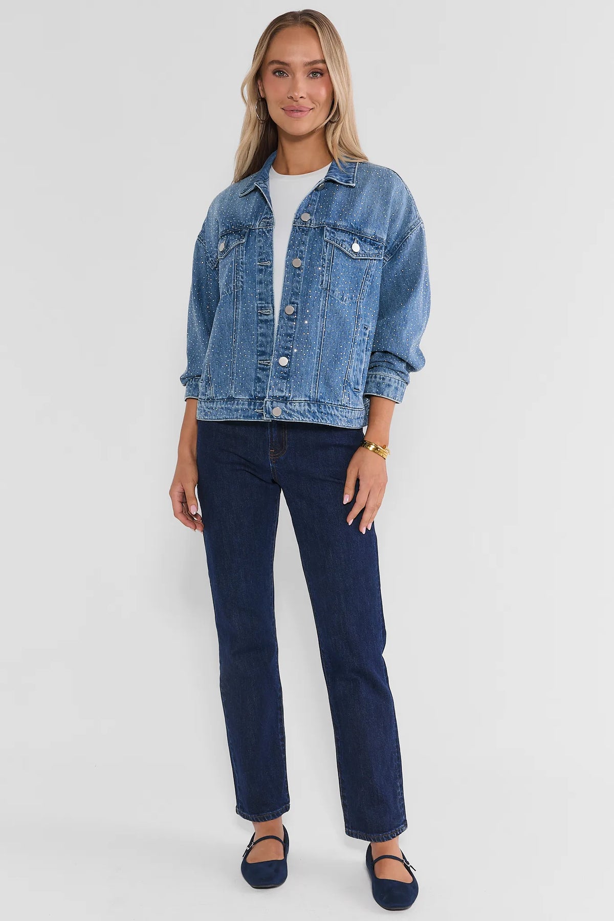 Medium Wash Rhinestone Denim Jacket - Full Length Styled Look On Model | Avara