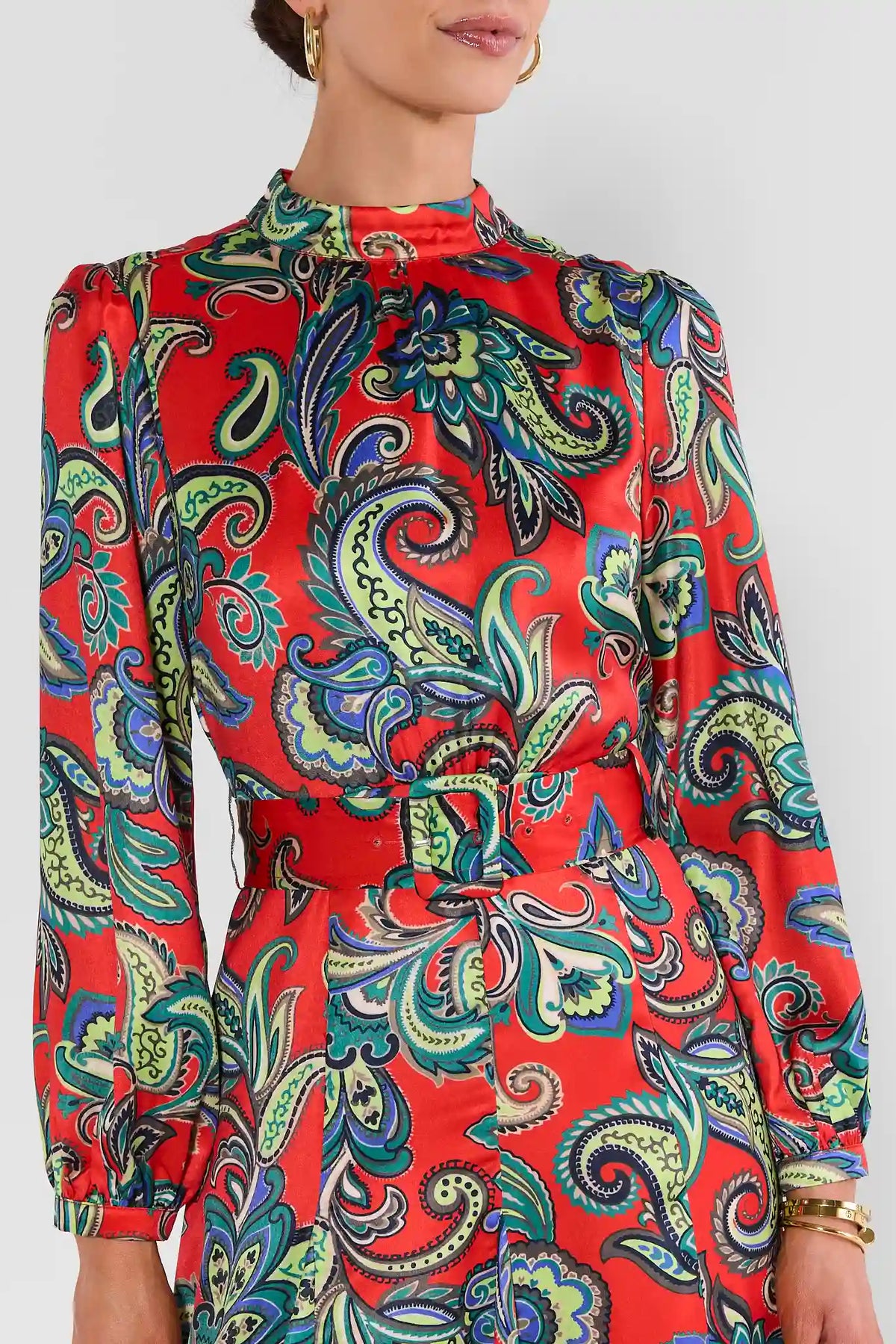 Red Floral Print Belted Midi Dress