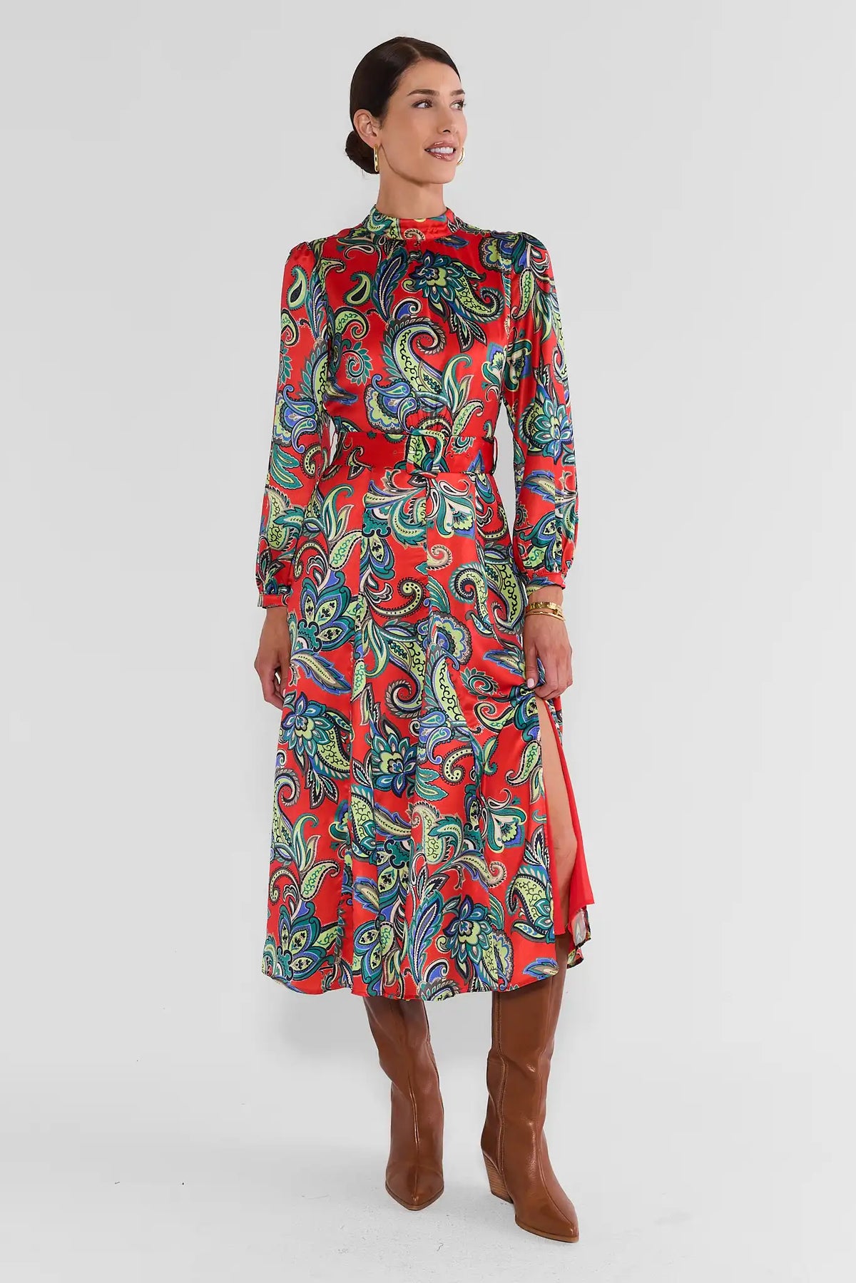 Red Floral Print Belted Midi Dress