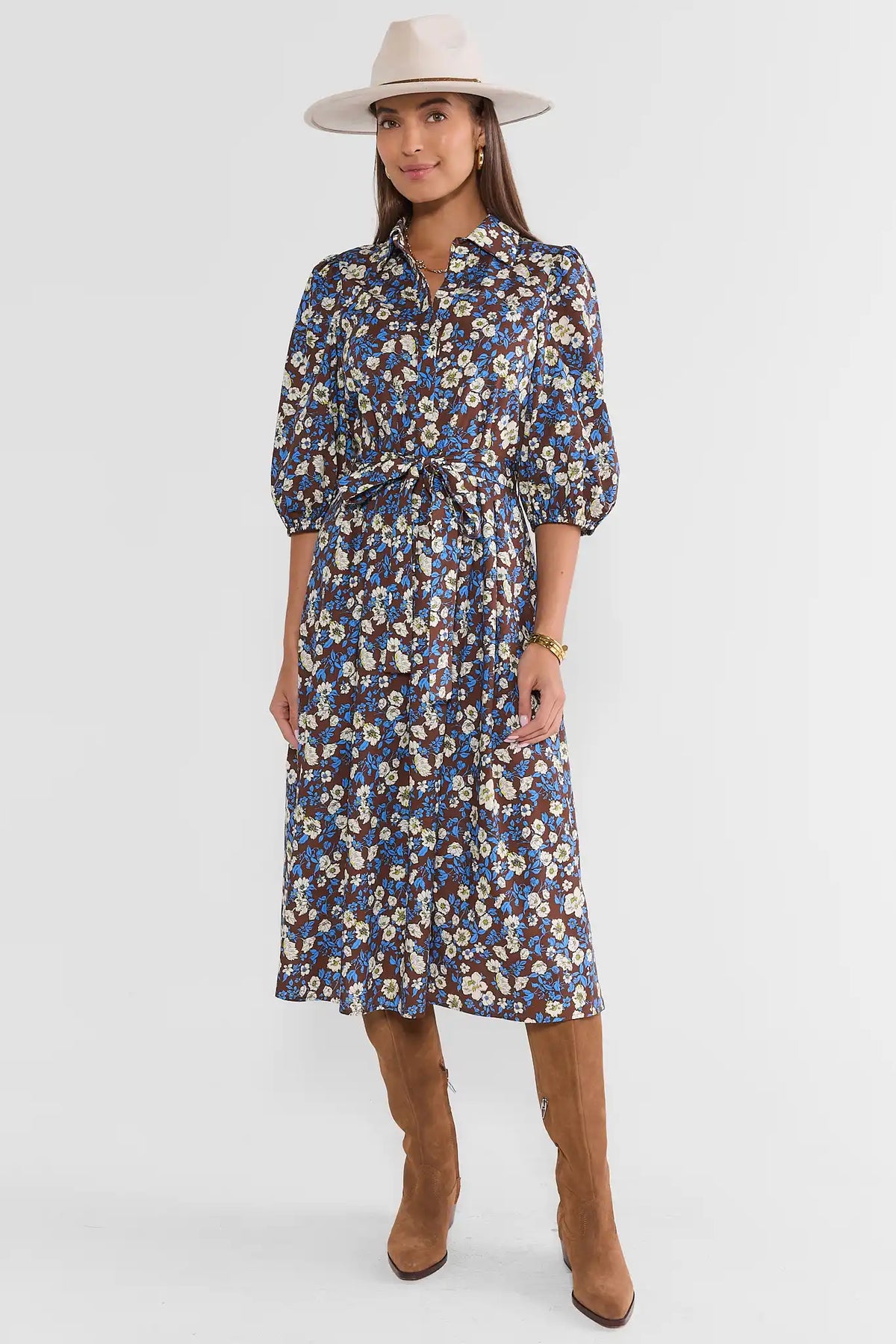 Trina Brown Floral Pleated Midi Dress