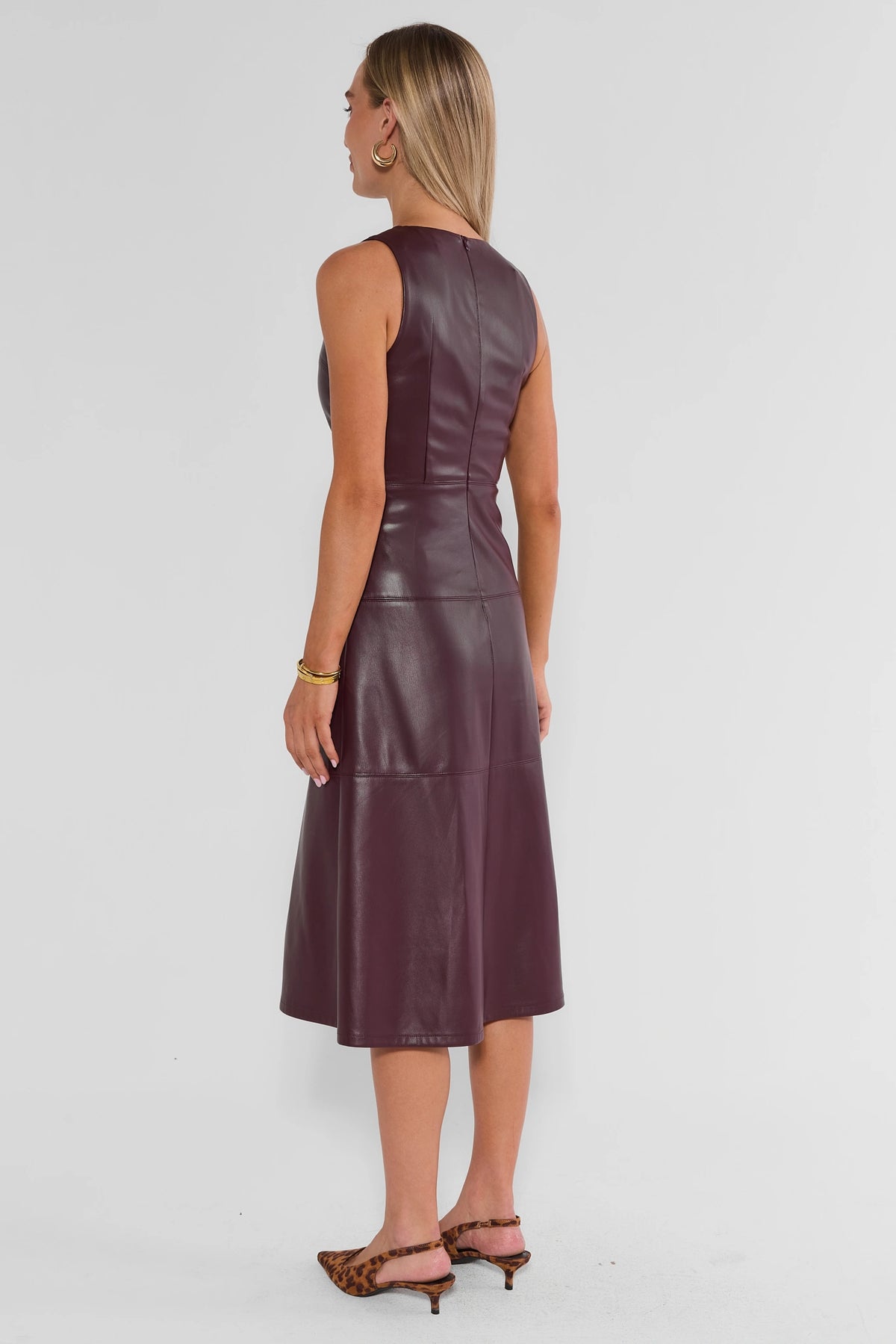 Alyssa Burgundy Faux Leather Mid Dress