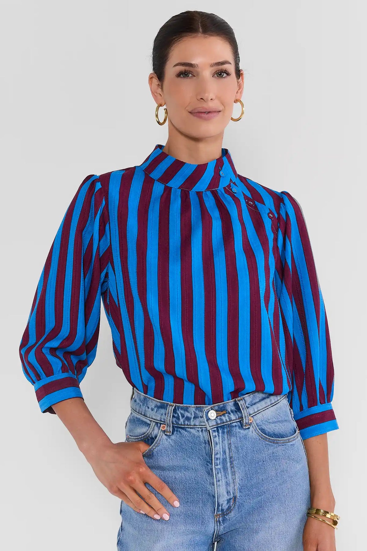 Blue Striped Stand Collar Top for Women - Front View On Model with Jeans | Avara