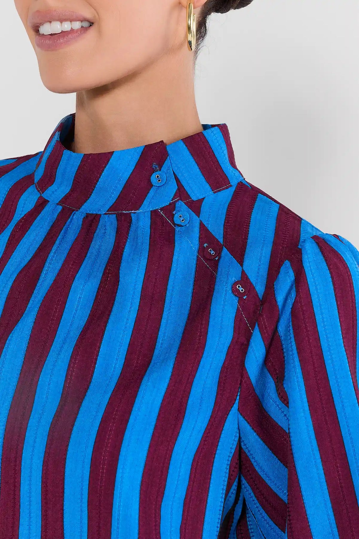 Blue Striped Blouse - Stand Collar and Button Placket Close-Up Detail | Avara