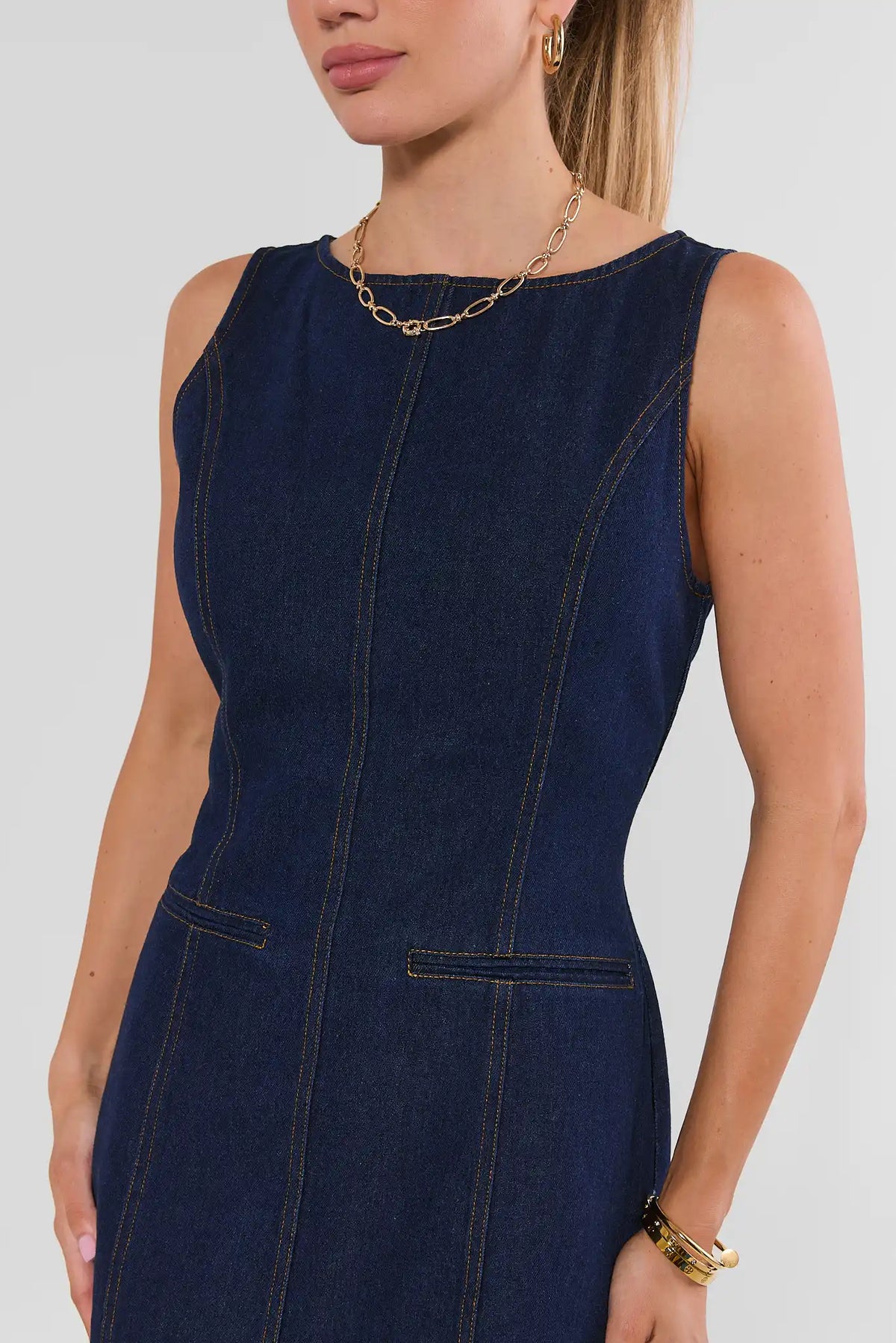 Dark Denim Boat Neck Short Dress
