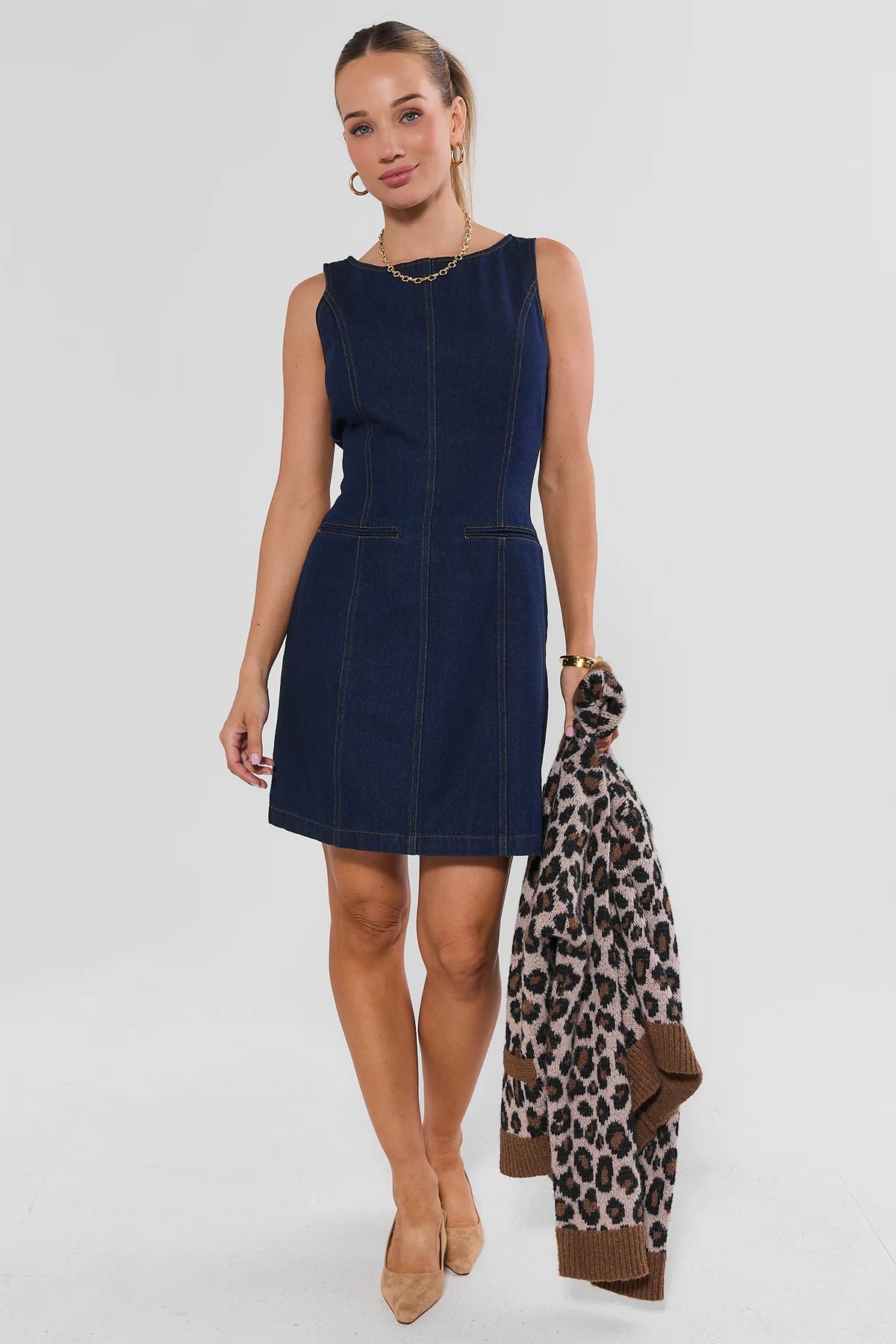 Dark Denim Boat Neck Short Dress