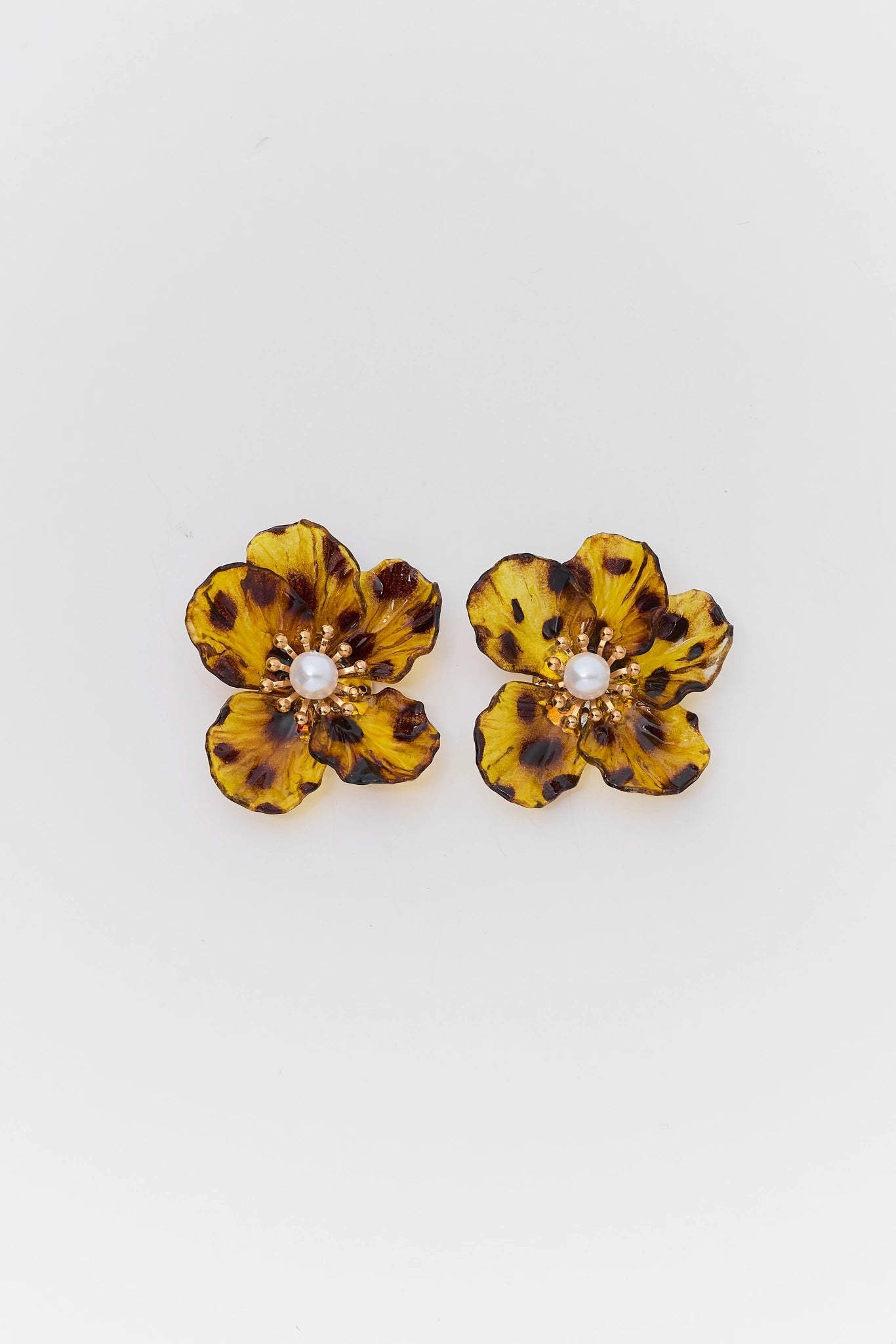 Tan Tortoise Flower Stud Earrings with Pearl Center - Flat Lay Pair | Avara