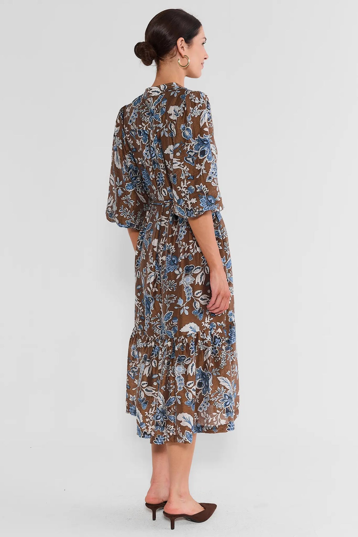 Brown Floral Belted Midi Dress
