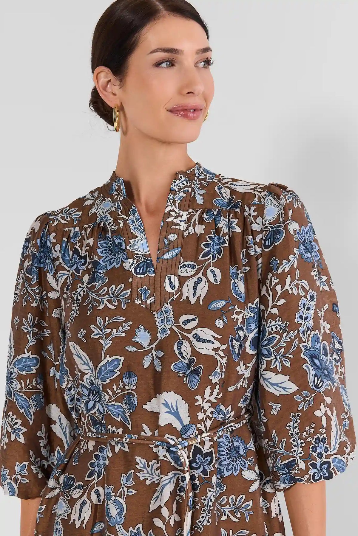 Brown Floral Belted Midi Dress