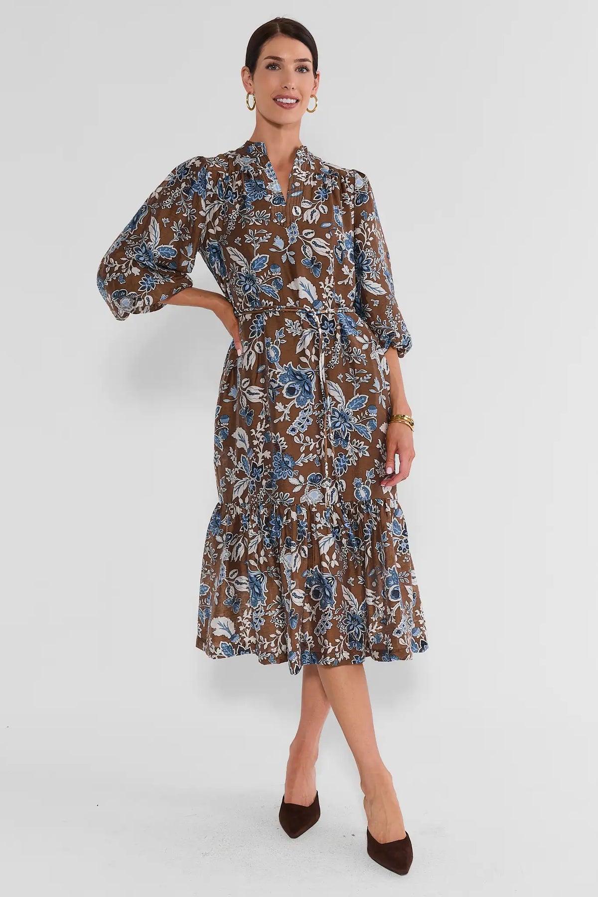 Brown Floral Belted Midi Dress
