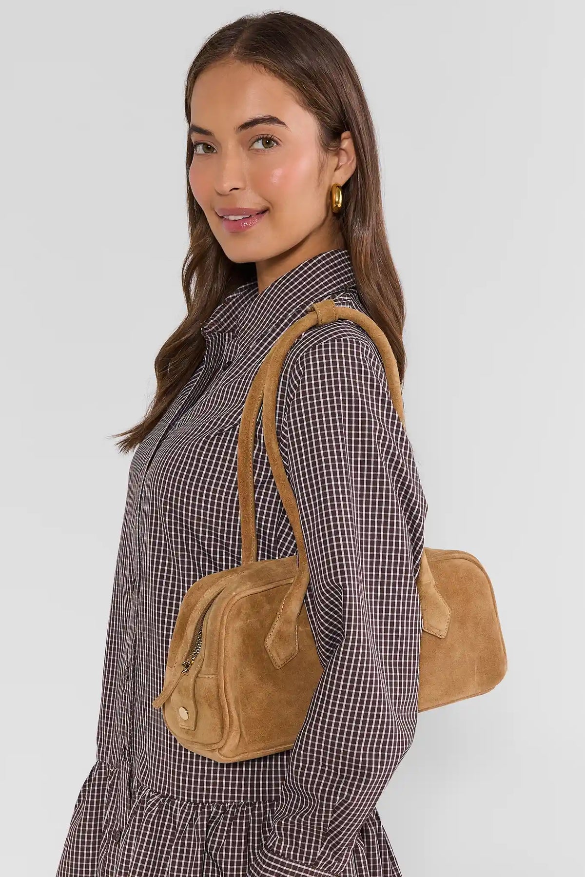 Tan Faux Suede Shoulder Bag On Model with Checkered Dress - Styled Look | Avara