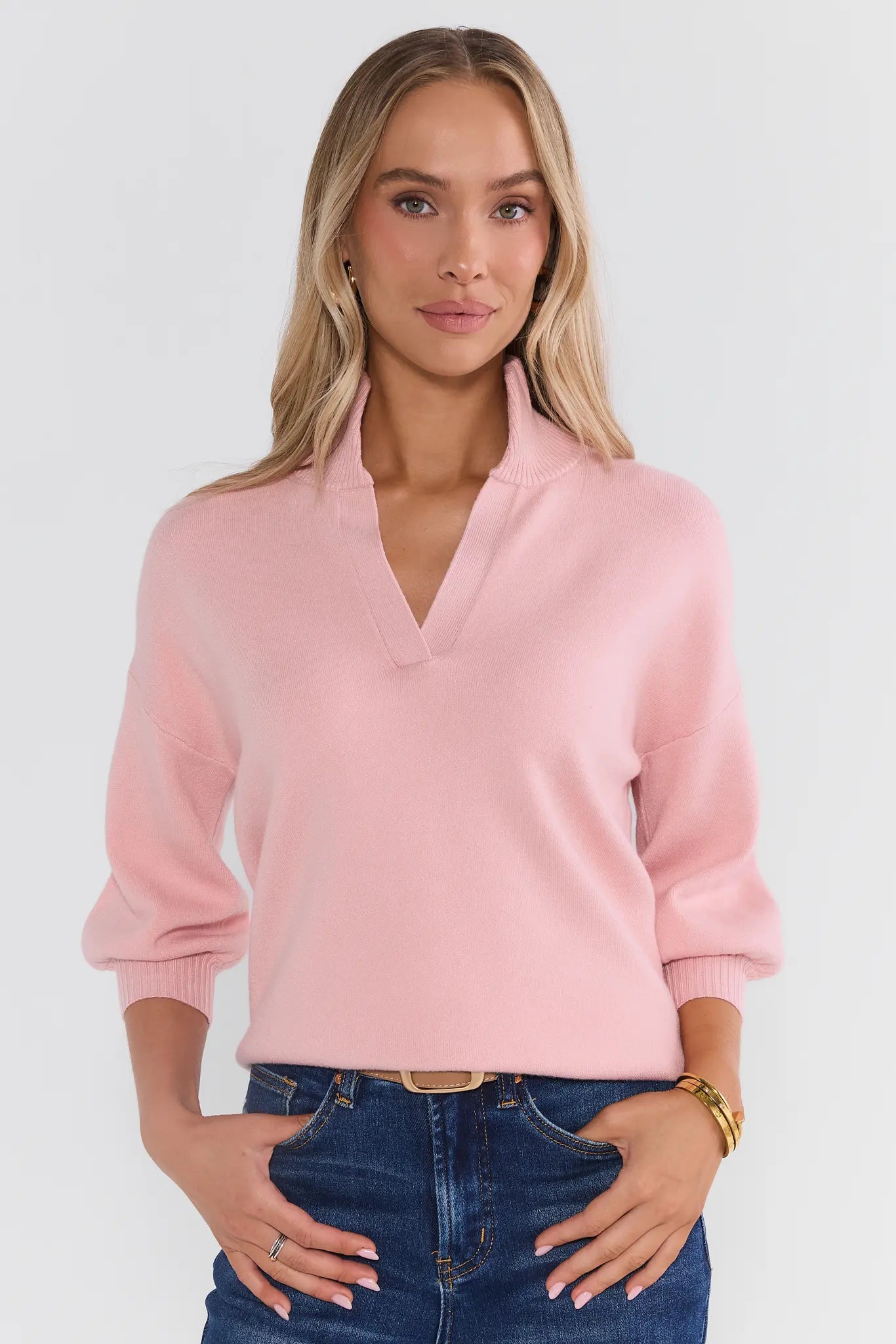 Pink Knit Sweater - Three-Quarter Side View, Open Stand Collar | Avara