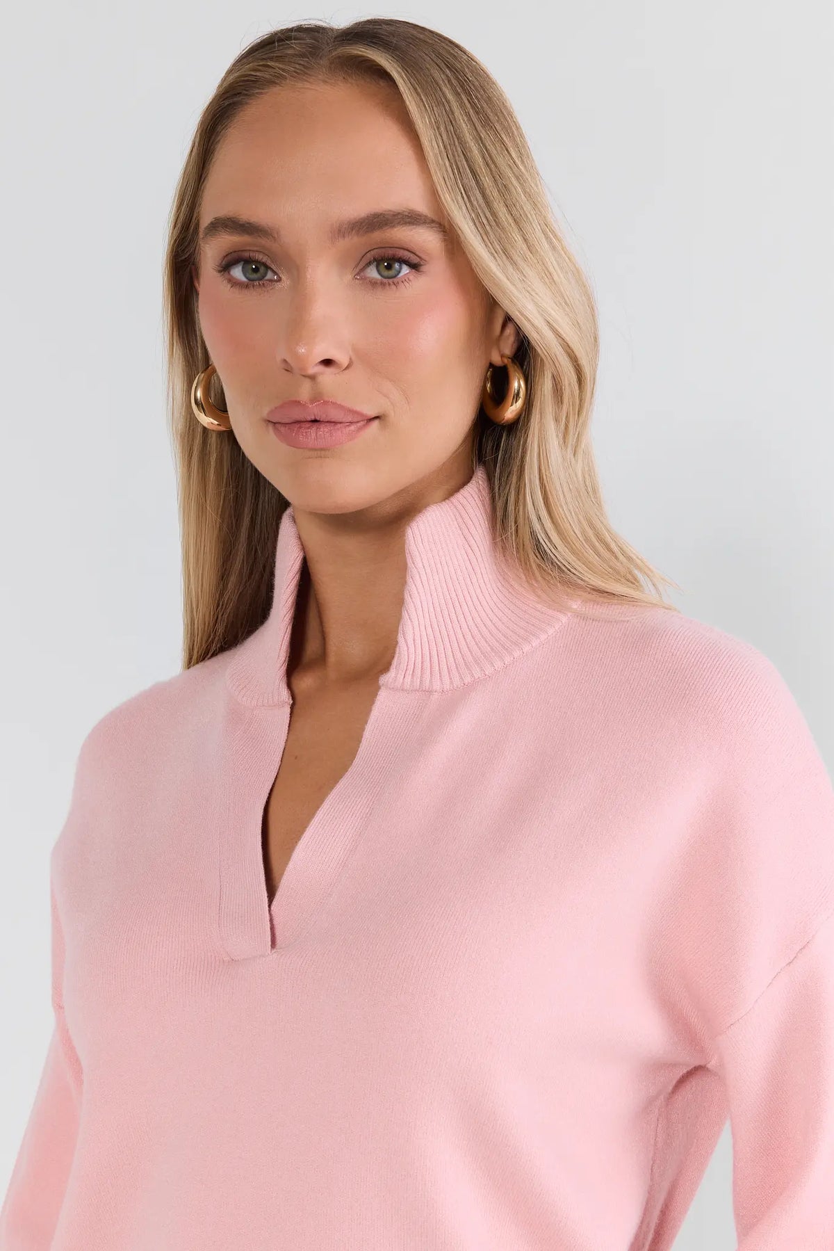 Pink Knit Sweater - Ribbed Stand Collar Fabric Close-Up | Avara
