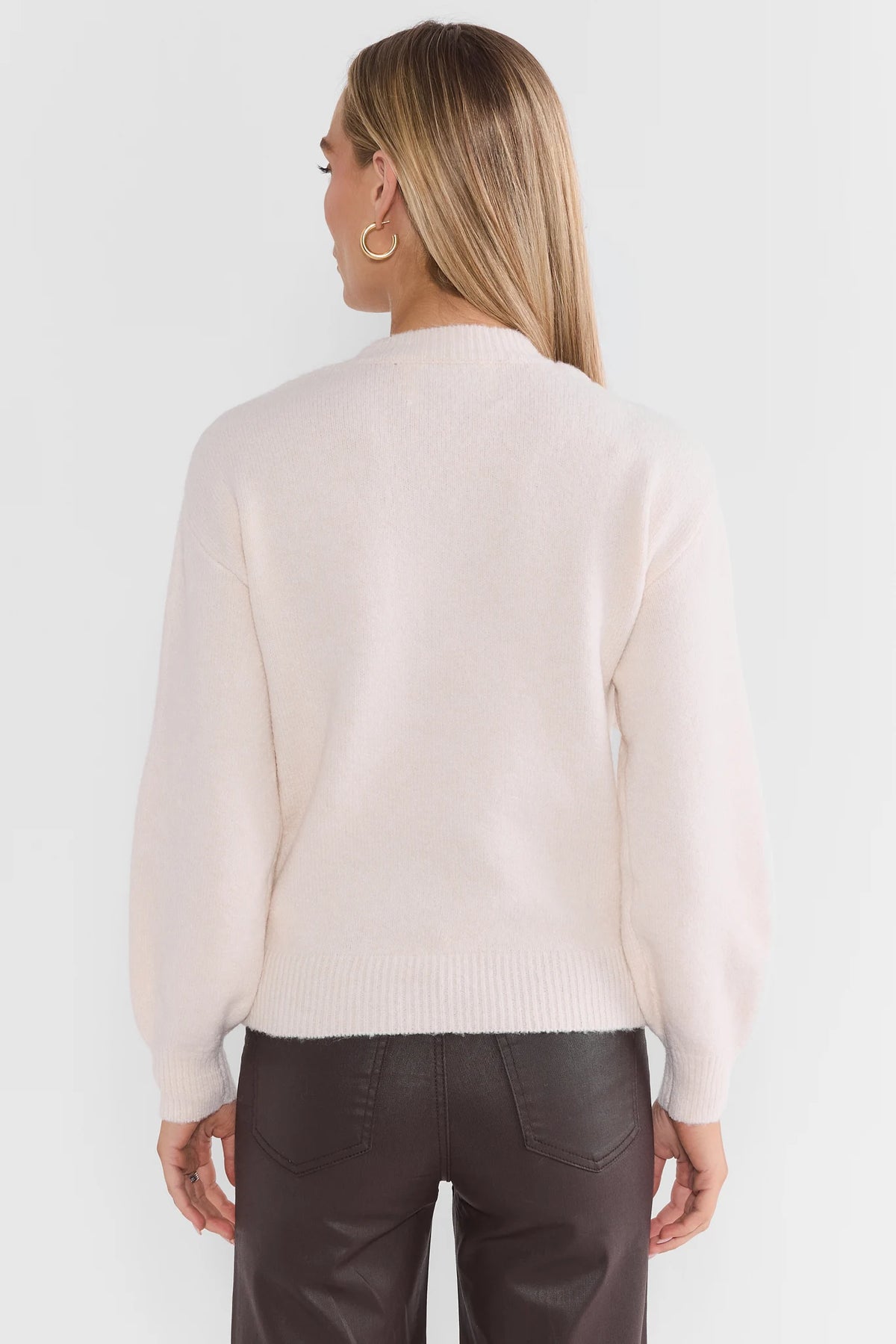 Ivory Women's Knit Sweater - Back View, Long Sleeve with Ribbed Hem | Avara