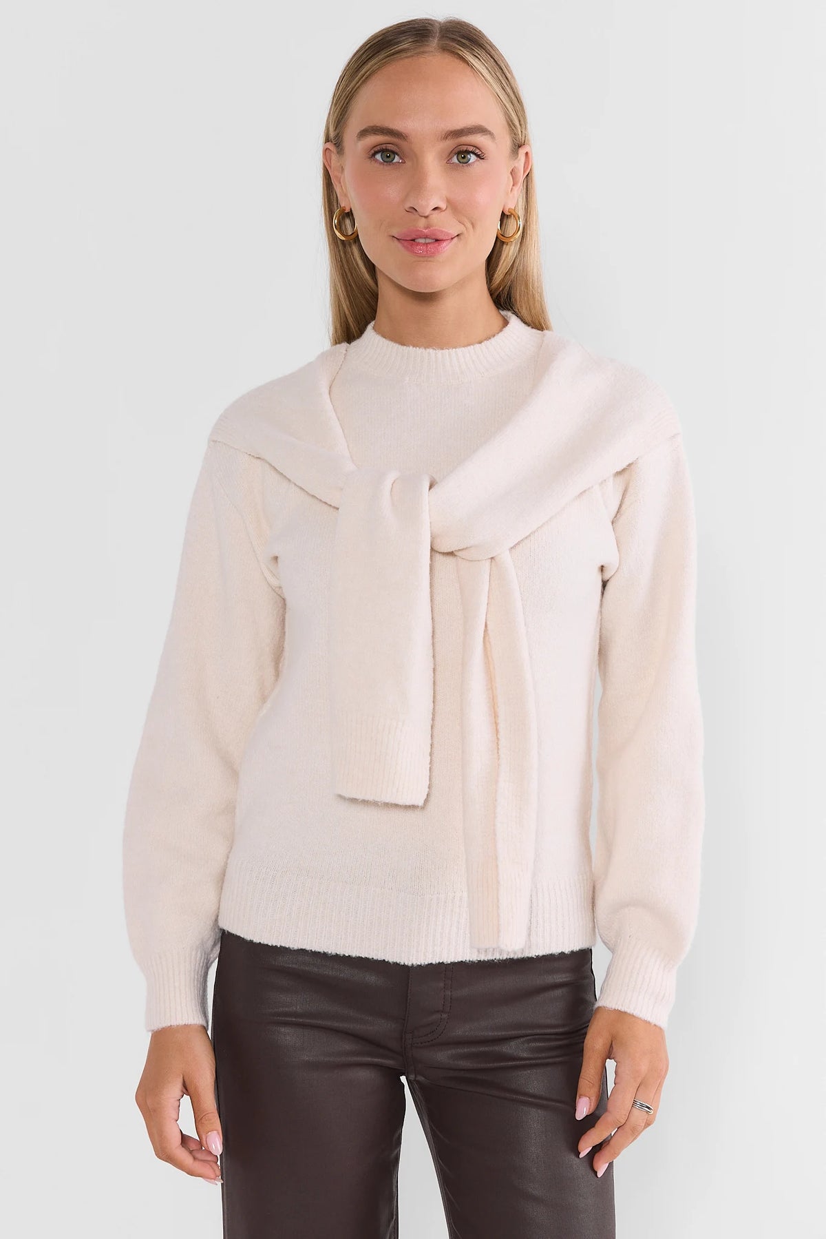 Ivory Knit Scarf Sweater - Front View, Women's Cute Top with Built-In Faux Scarf Detail | Avara