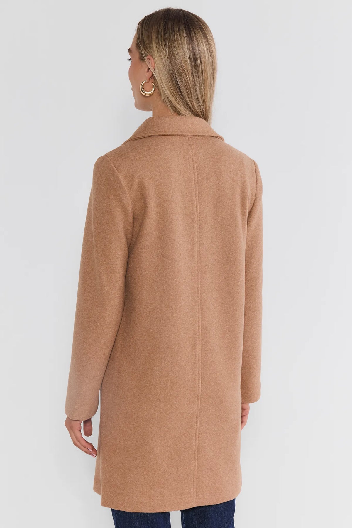 Tan Brushed Midi Coat - Back View Showing Center Seam and Midi Length | Avara