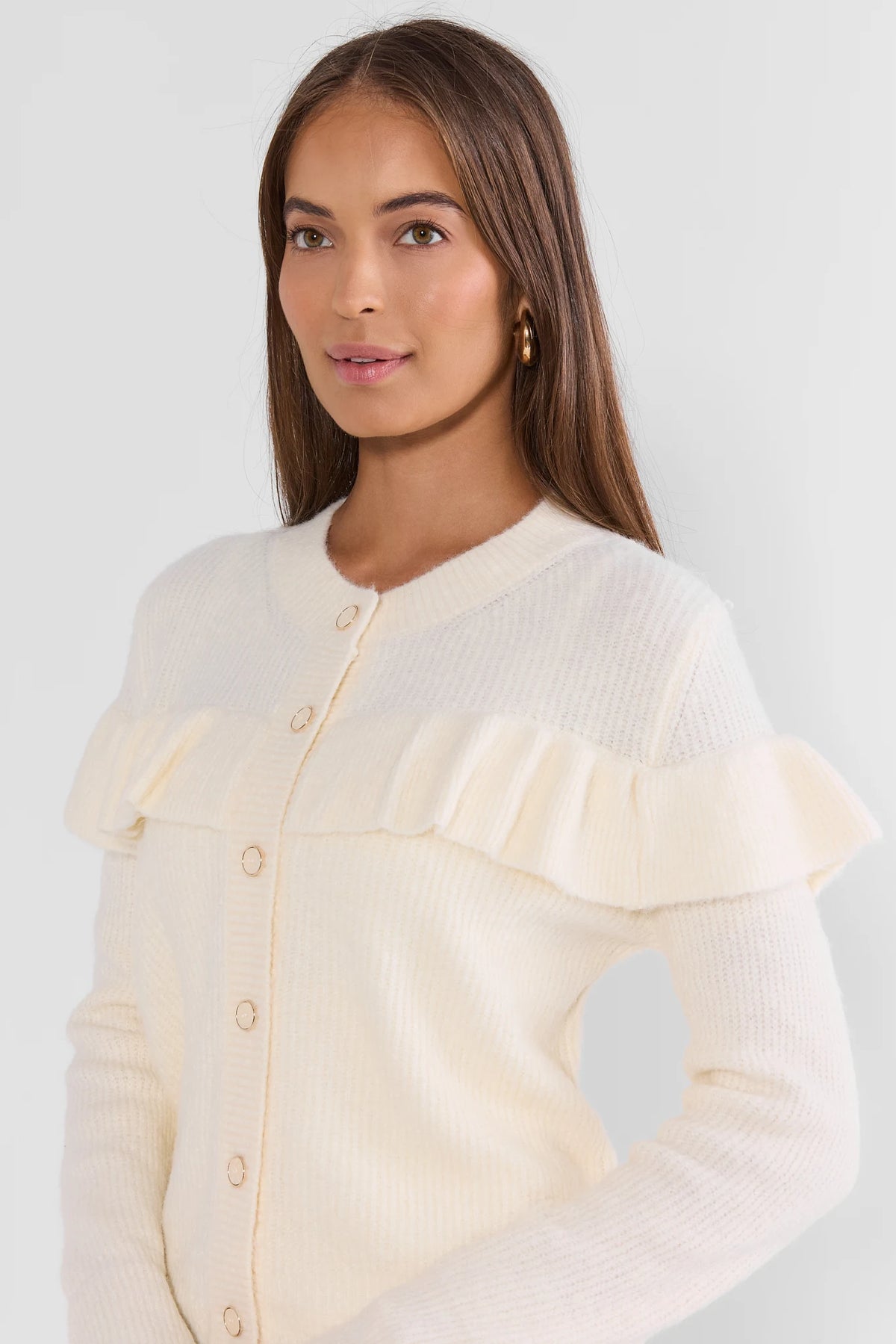 Ivory Knit Ruffle Cardigan - Close-Up Detail, Button Front & Ruffle Trim | Avara