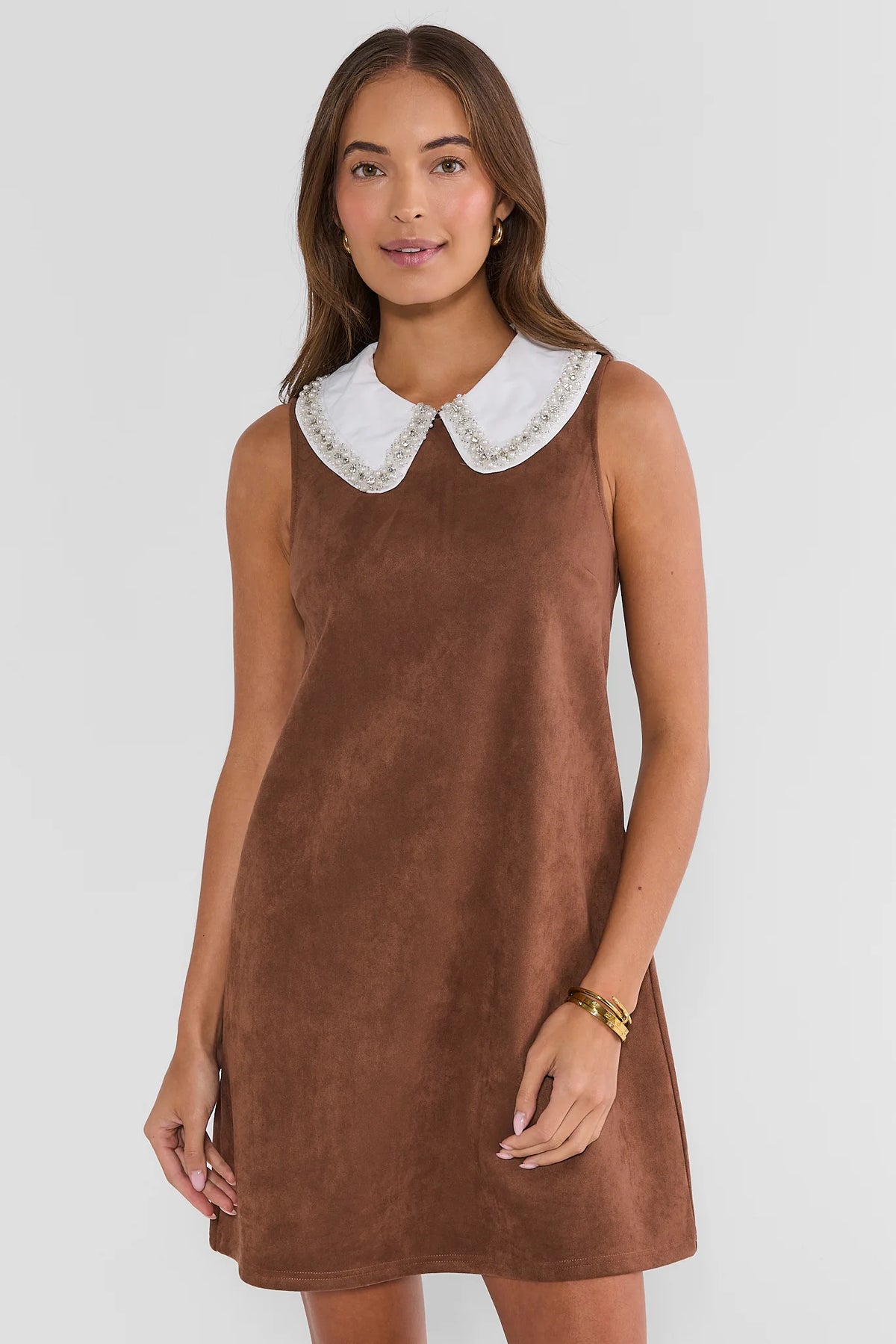 brown suede dresses Faux Short Dress | Avara and multiple layers of