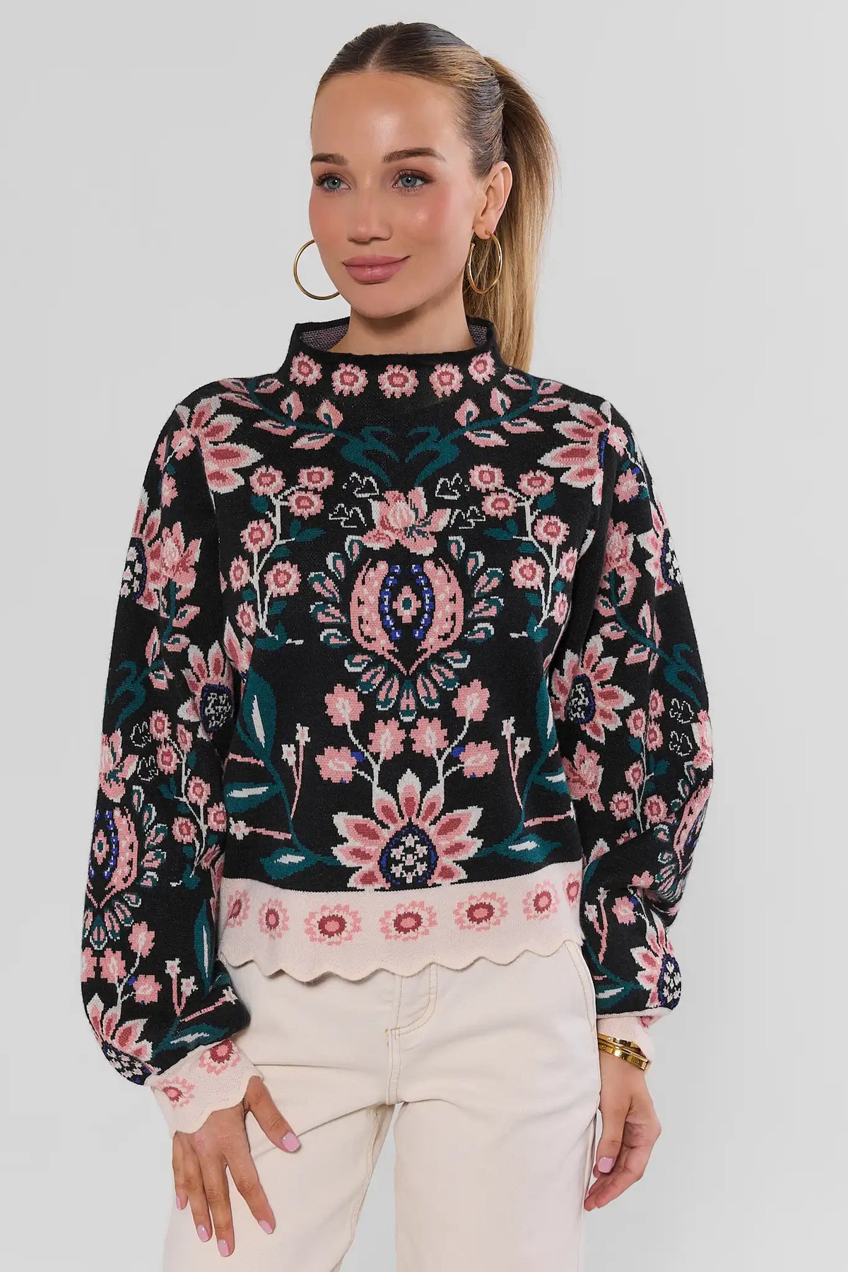 Black Floral Knit Sweater, Mock Neck, Front View On Model | Avara