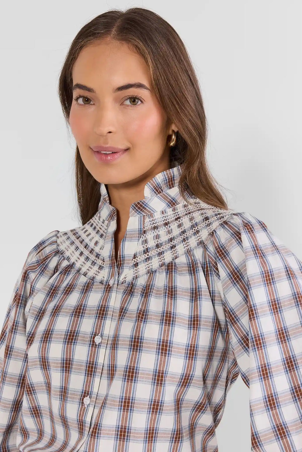 Brown Plaid Long Sleeve Top - Smocked Yoke Close-Up Detail | Avara