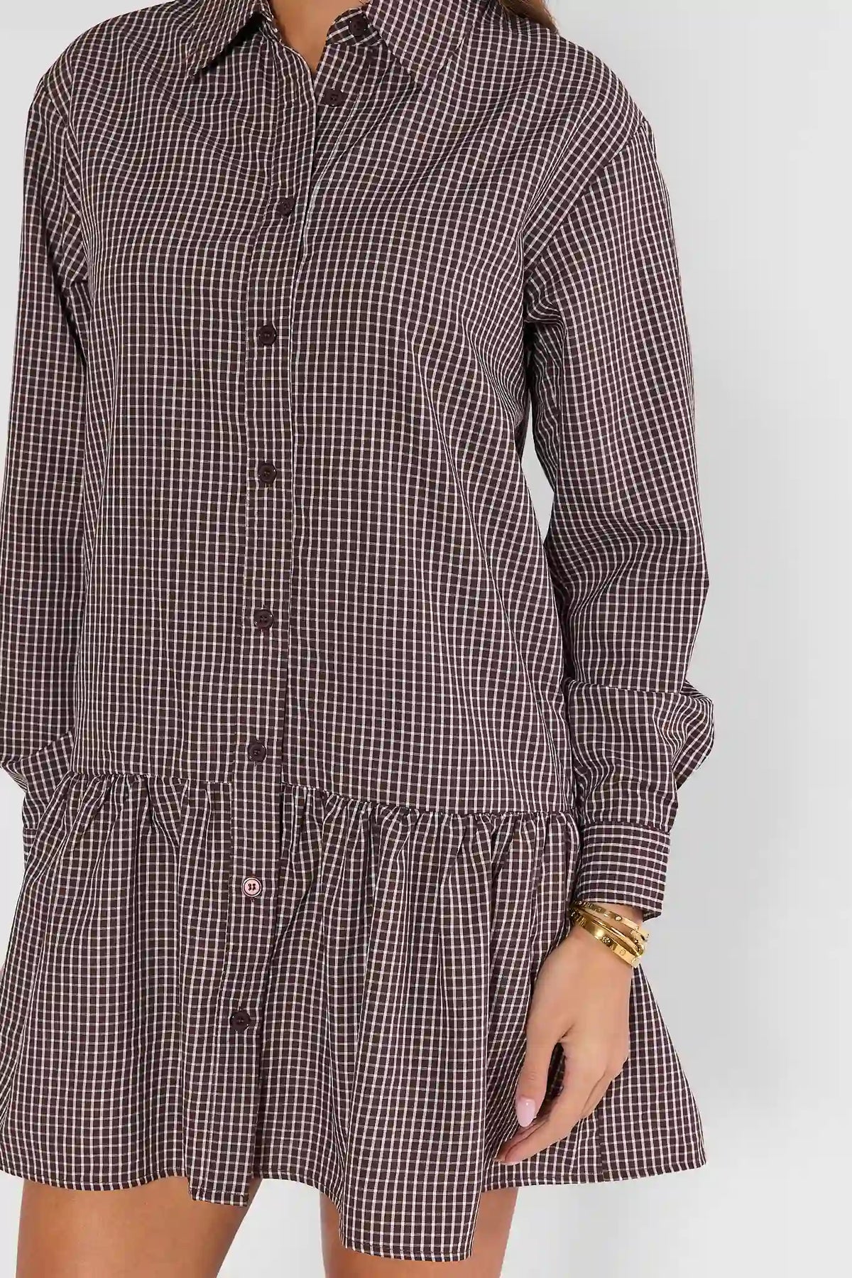Brown Plaid Drop Waist Dress - Drop Waist Ruffle Hem Close-Up | Avara