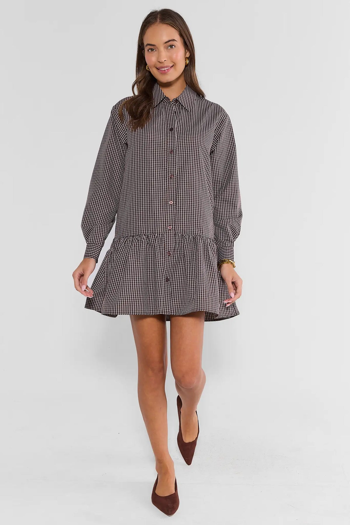 【期間限定お値下げ】Checked Shirt Mini Dress Brown Plaid Drop Waist Short Dress | Avara | Avara
