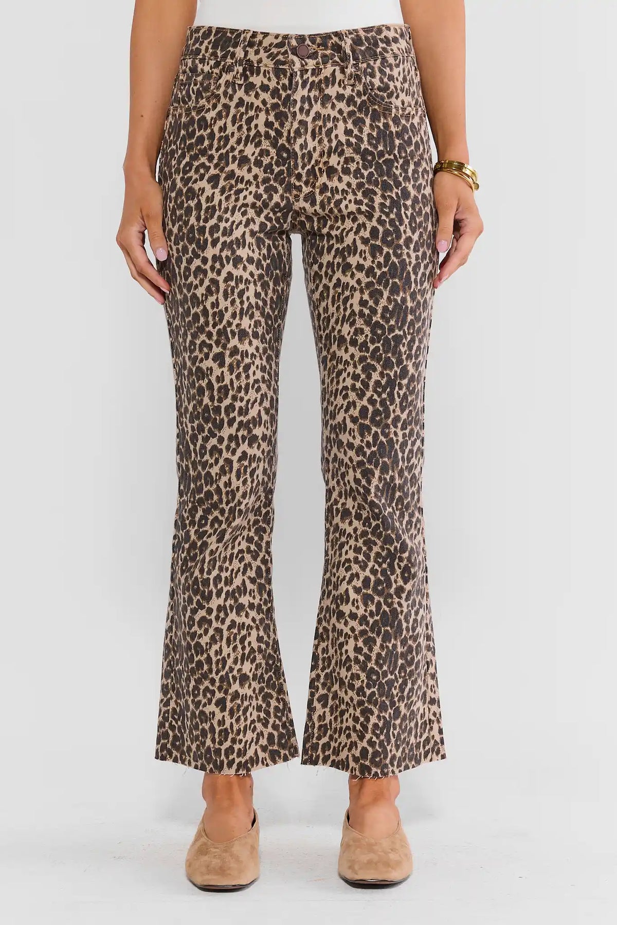 Leopard Print Kick Flare Jeans - Front View, Mid-Rise Waist Detail | Avara