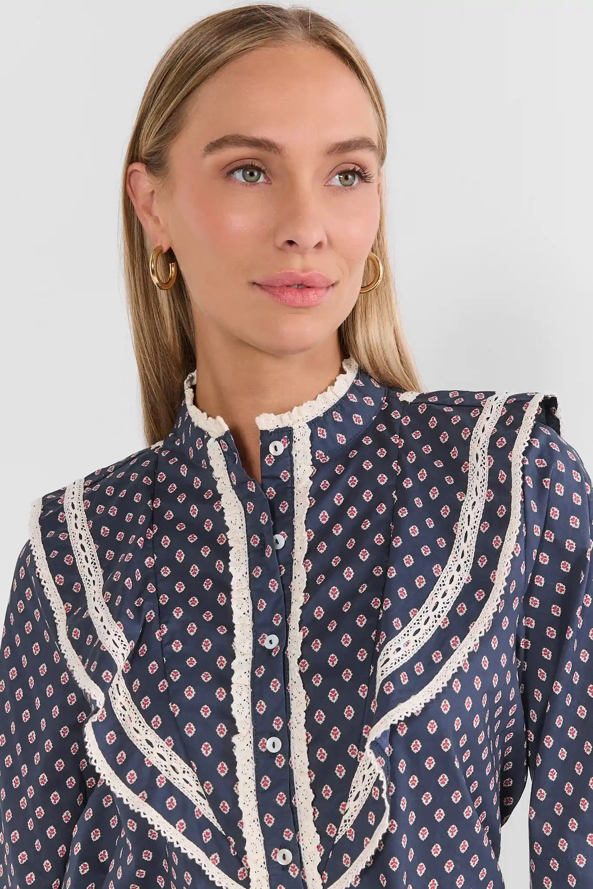 Navy Printed Button Up Ruffle Top