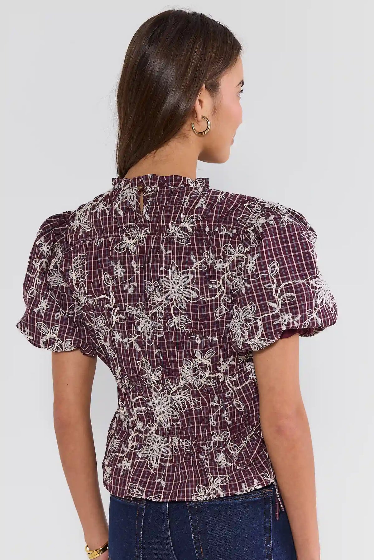 Maroon Floral Smocked Peplum Top - Back View Showing Keyhole Neckline and Puff Sleeves | Avara